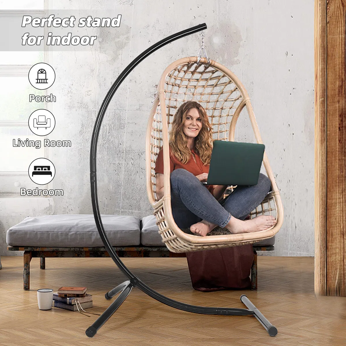 Goutime Sedie a dondolo Supporto per amaca,Sostegno per Sedia Sospesa,Supporto per Appendere Sedile Sospeso Dondolo, Carico Fino 158KG, Acciaio, Sospesa supporto dondolo,Solo stand（Nero ）