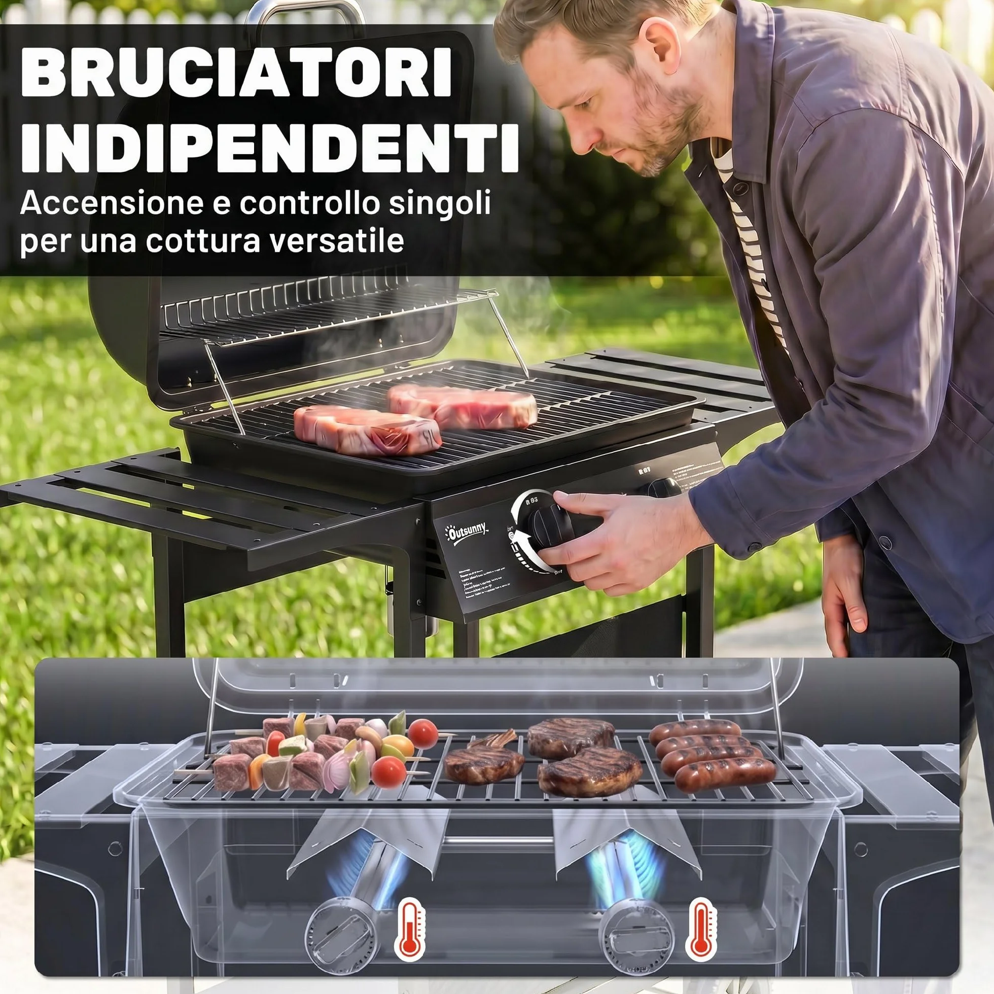 Outsunny Barbecue a Gas 2 Bruciatori 5KW BBQ Portatile Griglia Acciaio Inox con Ruote Giardino
