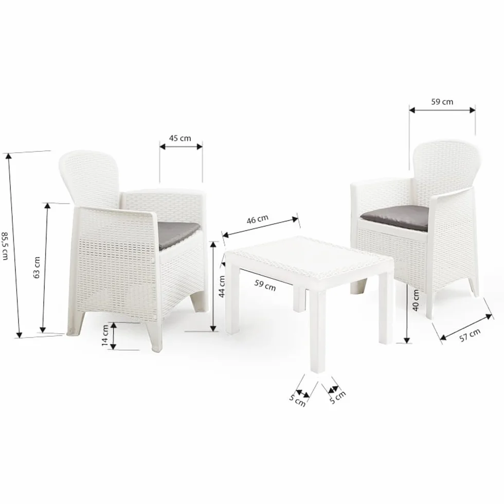 Salottino da Esterno 2 Posti Set da Giardino con Cuscini e Tavolino, Lounge Resistente alle Intemperie, Effetto Rattan Bianco 3 Pezzi
