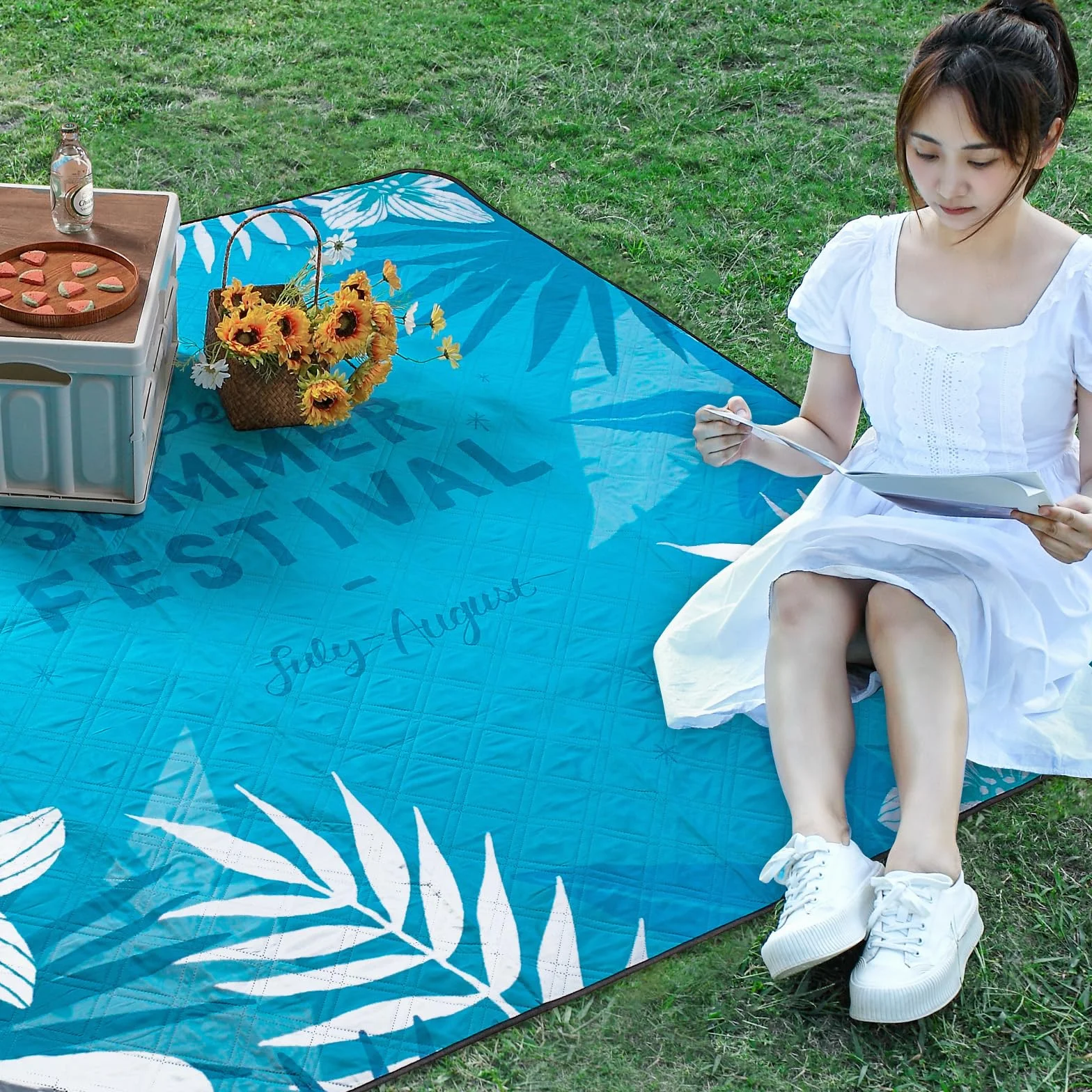 DEWUR Coperta da Picnic Impermeabile Lavabile Sandfrei XXL 300x200cm Blu