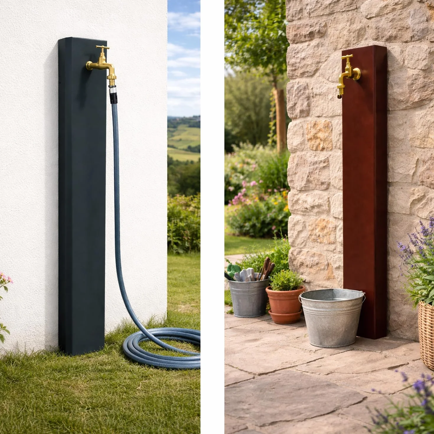 Fontana a Muro da Giardino Antracite, Fontana a Parete da Esterno in Acciaio Verniciato, Rubinetto in Ottone con Tubo Flessibile e Raccordo, Fontanella Made in Italy