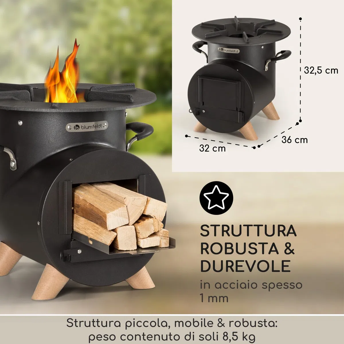 blumfeldt Braciere da Giardino Esterno, Braciere da Esterno Portatile, Braciere da Giardino con Griglia, Posacenere e Attizzatoio, Bracere Esterno Legna, Griglia Barbecue da Campeggio con Base Legno