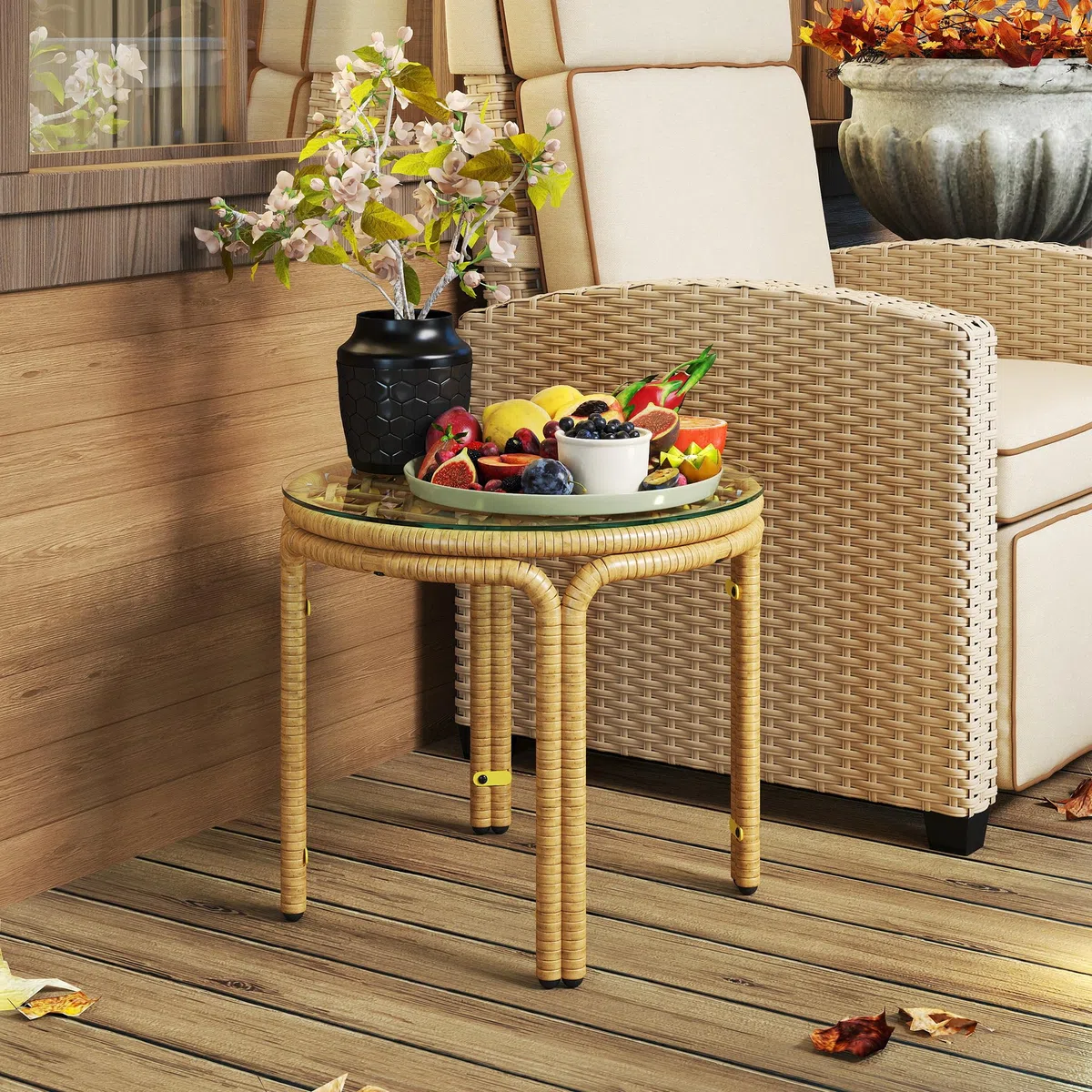 Outsunny Tavolino da Giardino in Rattan e Vetro, Tavolo da Caffè Rotondo Ø50x44 cm, Giallo