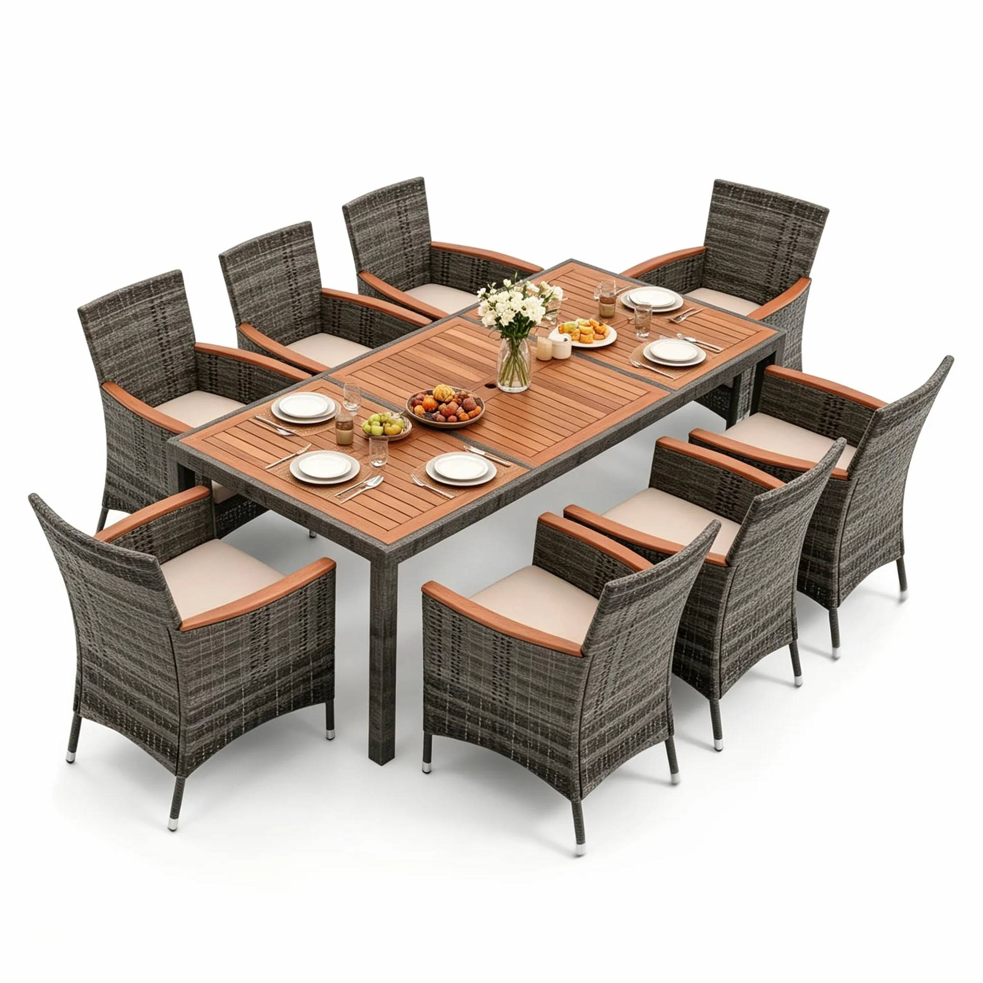 GIANTEX Set di mobili da giardino 9 pezzi, tavolo e sedie in rattan, grigio