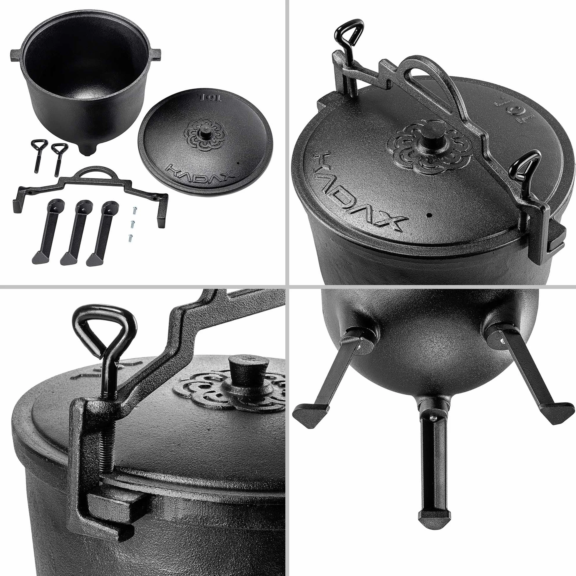 KADAX Jagdkessel 10L - Marmitta in Ghisa con Piedi | Pentola in Ghisa per Cucinare | Dutch Oven per Giardino, Focolare, Campeggio, Barbecue | Con Coperchio