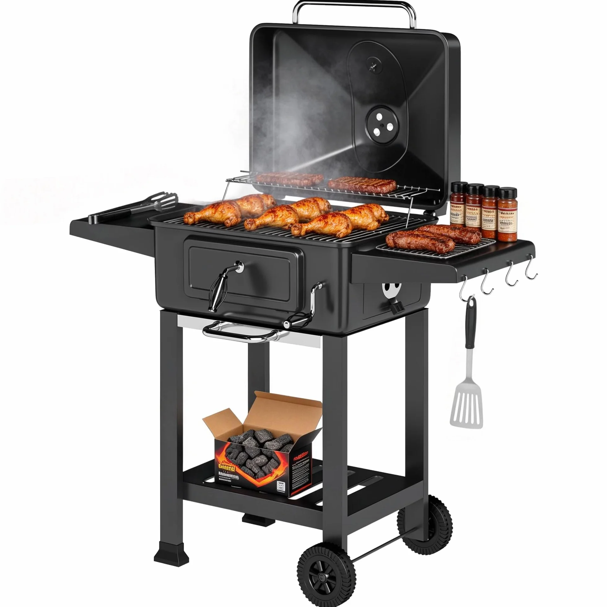 Outsunny Barbecue Carbonella Carrello BBQ Portatile con Griglia e Coperchio, Nero