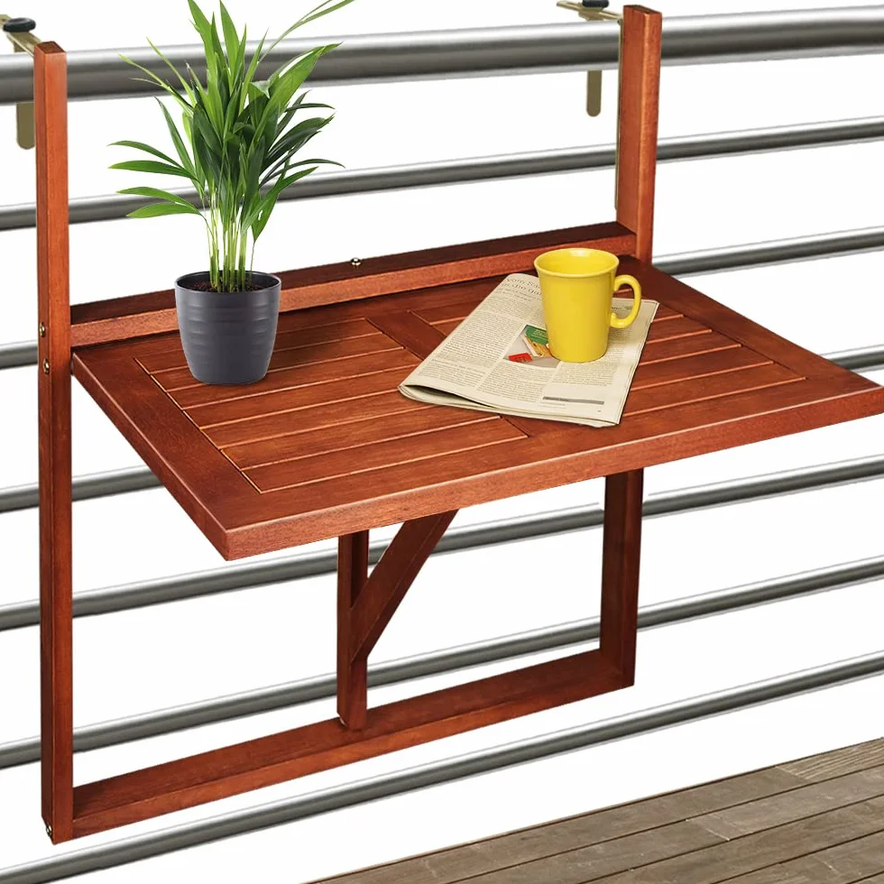 Casaria Tavolo Pensile Legno Acacia Pieghevole 65x45x87cm Tavolino da Ringhiera Balcone Esterno