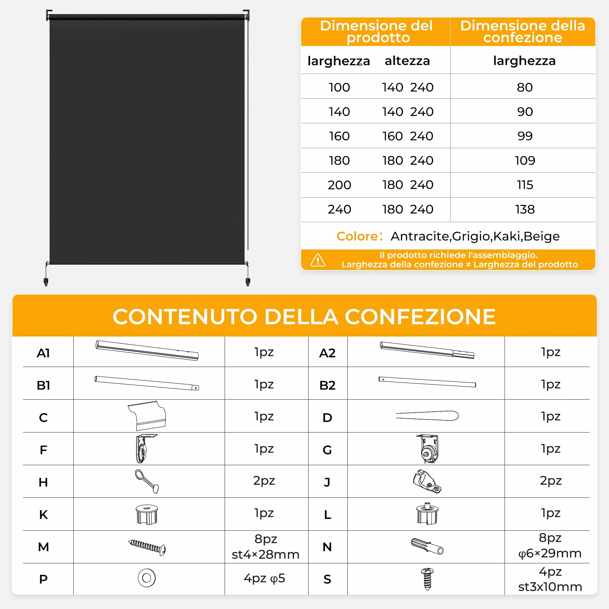 Tenda da sole per esterno Impermeabile 180x180cm Antracite