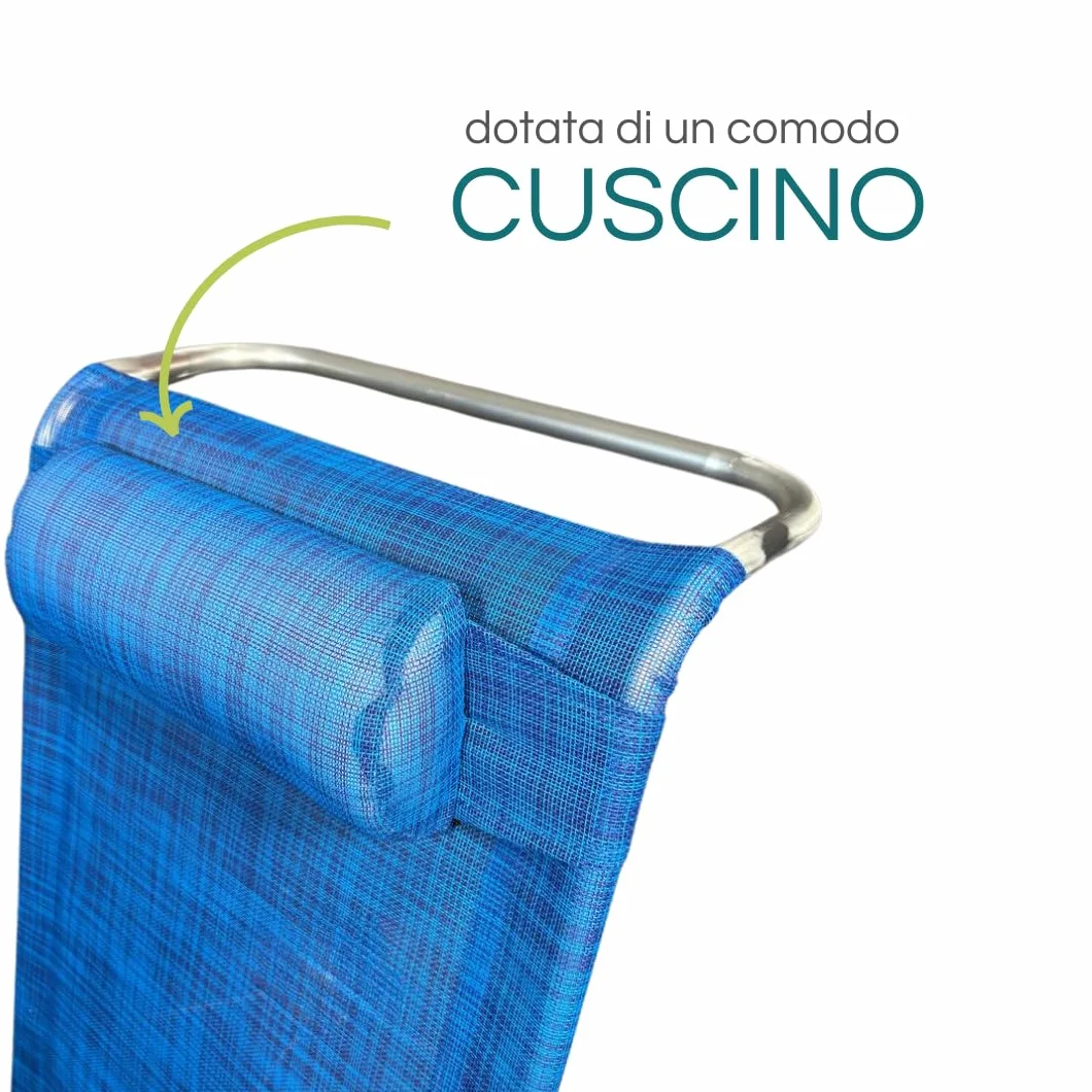 PALUPLUS 2 Spiaggine Pieghevoli con Braccioli, Misura 55x46x80 cm, Struttura Alluminio, Reclinabile in 7 Posizioni, Cuscino Poggiatesta, Sedia per Spiaggia, Piscina, Portata 100Kg -1771F (Blu)