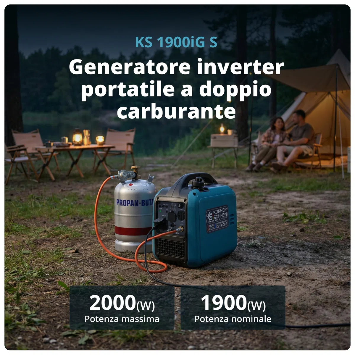 Könner & Söhnen KS 1900iG S Generatore inverter GPL 2,0 kW, Dual Fuel, generatore di corrente inverter Eco-Mode, generatore di corrente di emergenza per uso esterno, generatore a benzina, 230 V/16 A