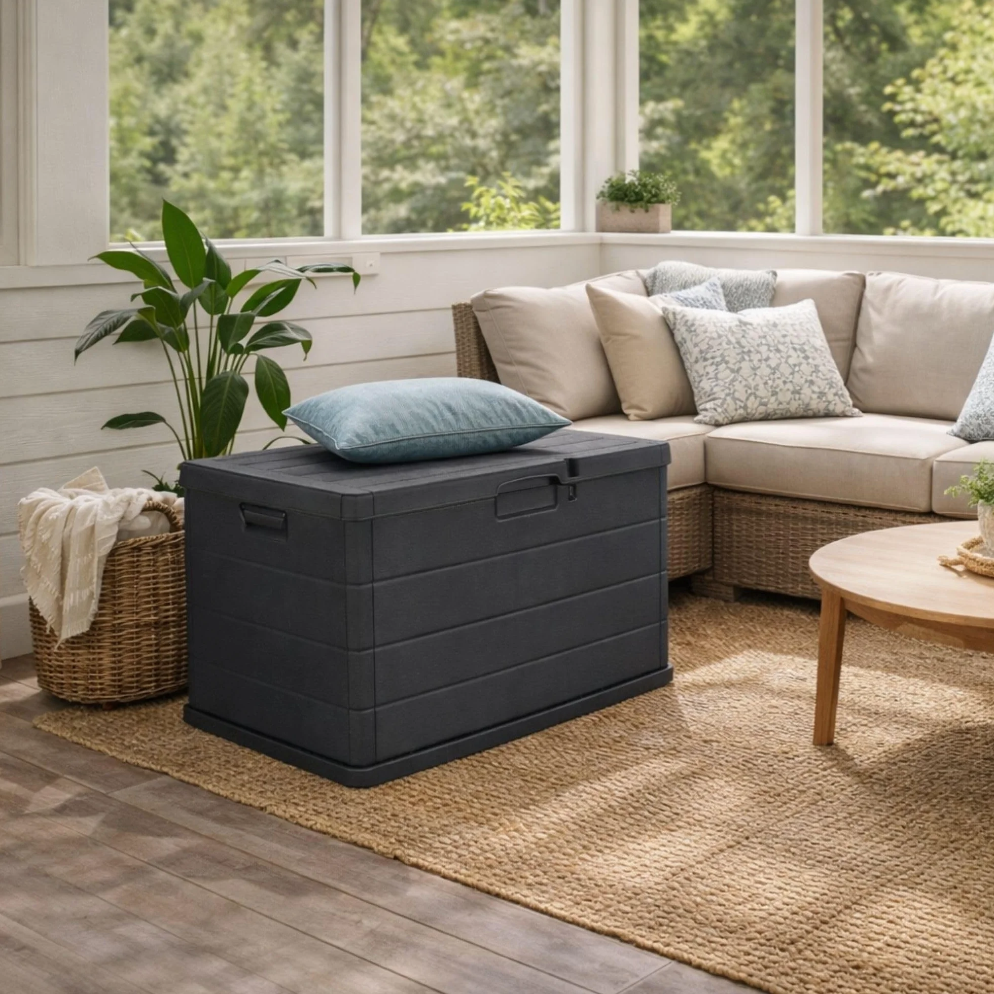 Maury's Baule Cassapanca 170 Litri Effetto Legno, Contenitore Stoccaggio in Resina Antracite 78x55x52 cm