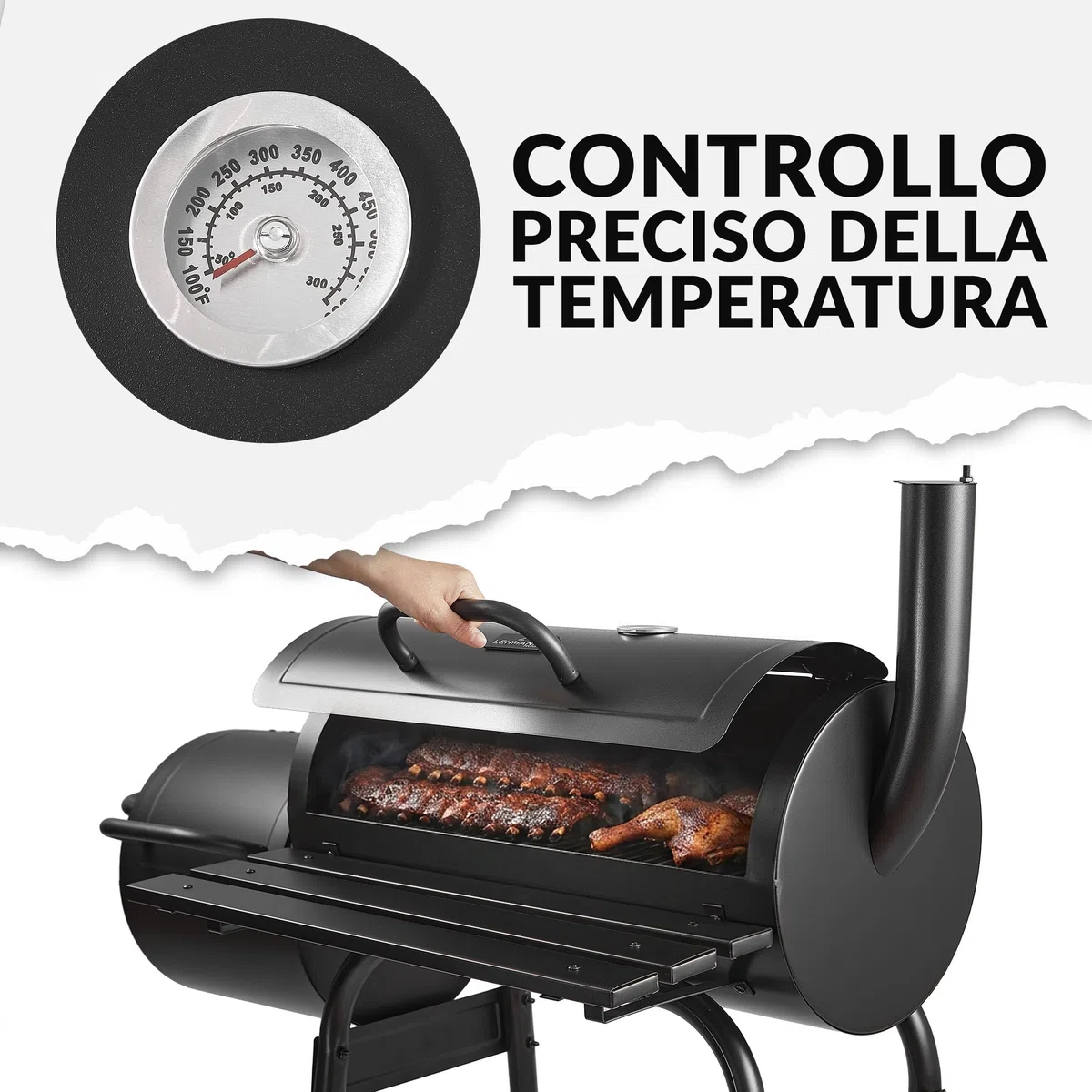 LEHMANN Barbecue a Carbonella e Affumicatore 2 in 1, BBQ Griglia di Cottura XXL, Coperchio con Termometro e Maniglia Antiscottatura, 2 Ruote, Tavolini Laterali Pieghevoli & Ripiano Inferiore, Nero