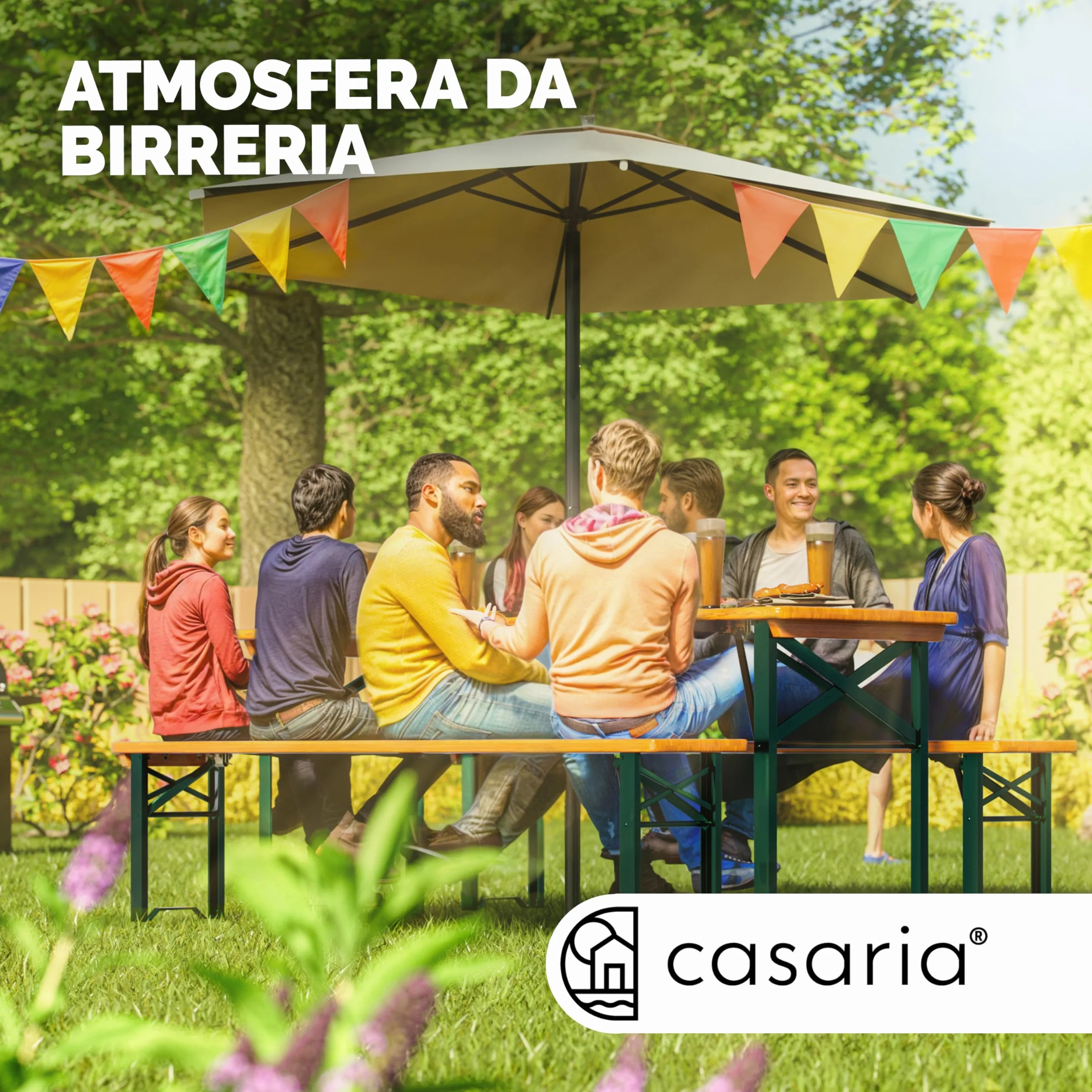 Casaria Pieghevole Set Tavolo da Birreria 170cm con Foro Ombrellone 2x Panche in Legno da Giardino