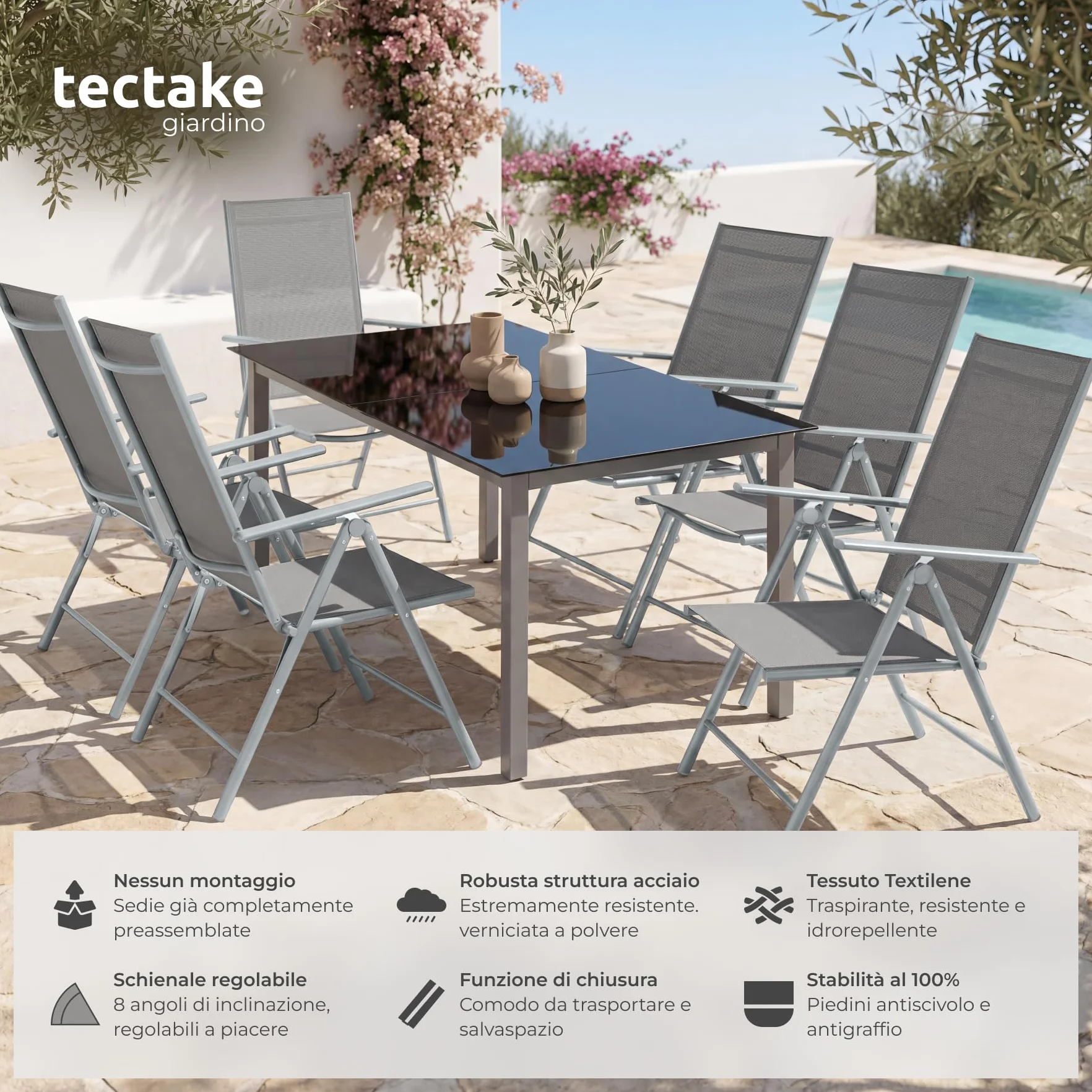 Set da 2 Sedie da Giardino in Alluminio Pieghevoli Schienale Regolabile 7 Posizioni 67x56x105cm Carico Max 110kg Grigio Argento