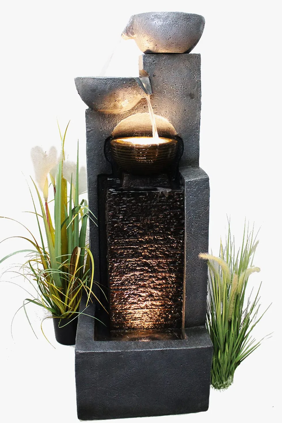 Arnusa, Grande fontana da giardino con illuminazione a LED, fontana a cascata, decorazione da giardino, Nero, Grigio