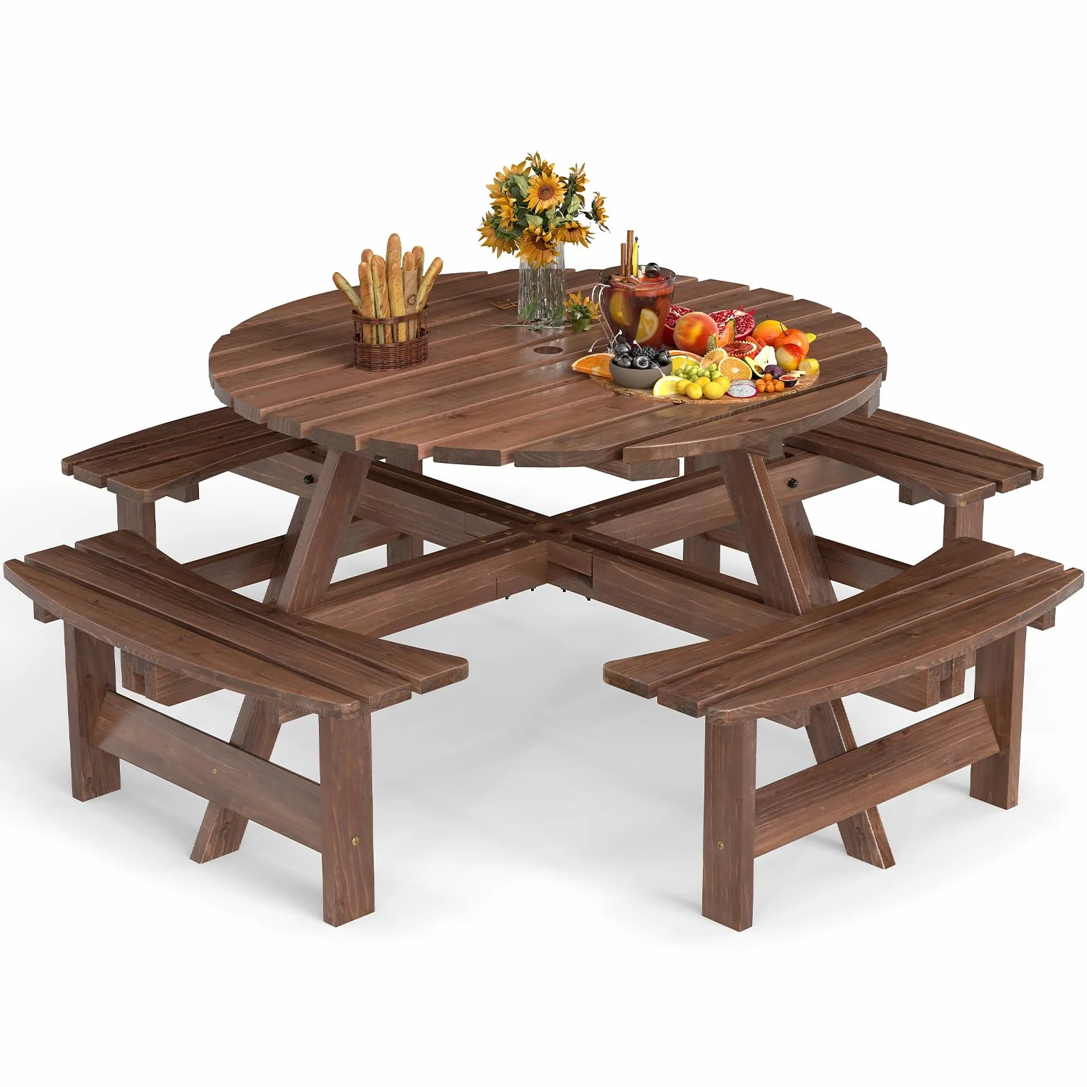 GIANTEX Set da Giardino in Legno di Abete 8 Persone Tavolo con Sedie Integrato Foro Ombrellone 178x70 cm