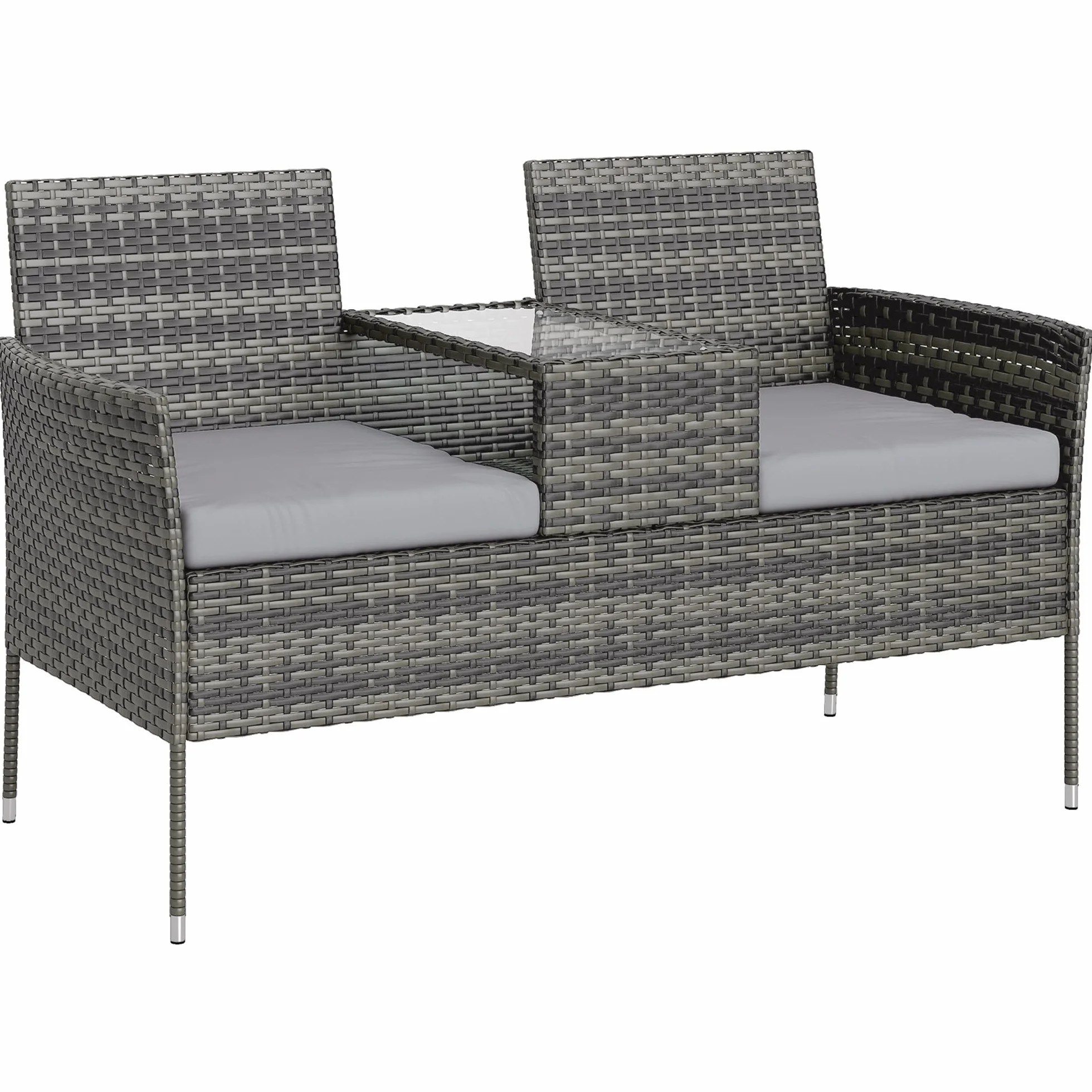 Outsunny Panchina da Giardino a 2 Posti in Rattan e Acciaio, Panchina da Esterno con Cuscini e Tavolino da Caffè Centrale in Vetro Temperato, Divano da Esterno, 135x64x81 cm, Grigio Scuro