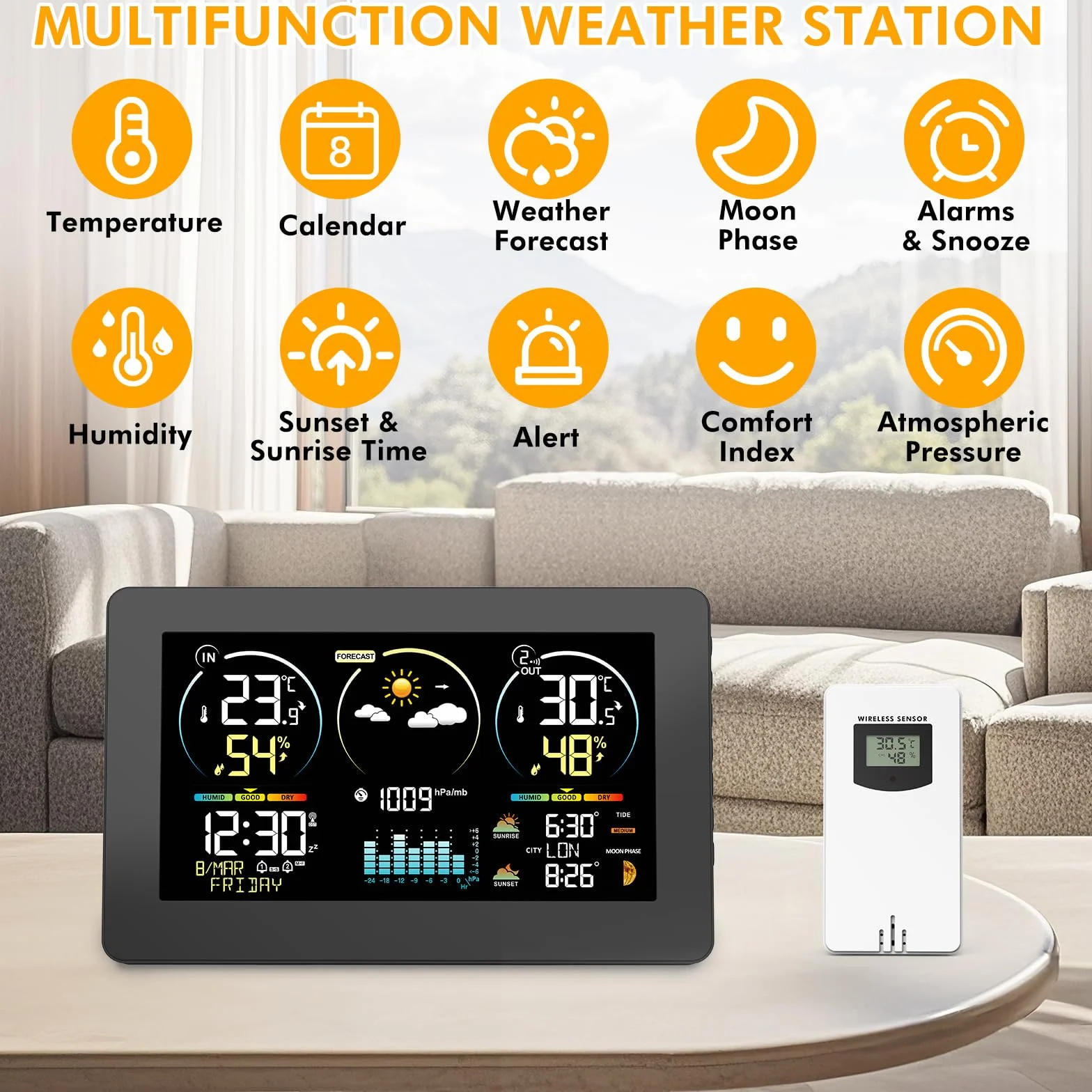 Stazione Meteo con Sensore Esterno, Termometro Digitale Senza Fili con Display a Colori, Monitor di Temperatura e Umidità, Previsioni del Tempo con Retroilluminazione Regolabile e Calendario, Nero
