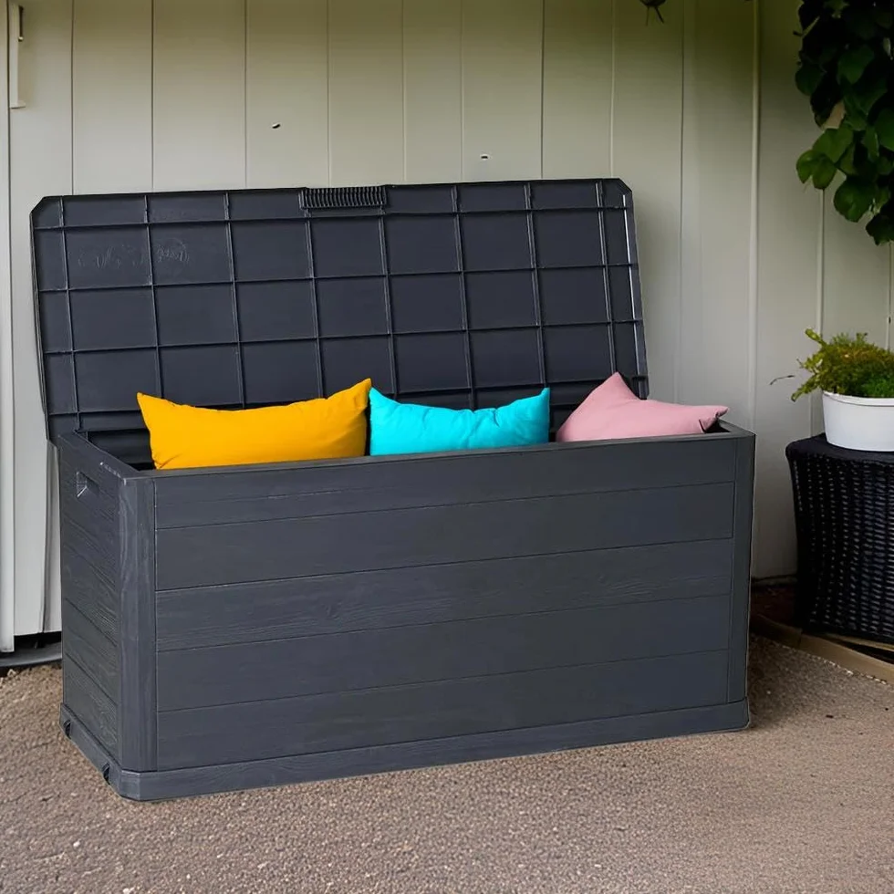 Baule Cassapanca 280 Litri Effetto Legno Contenitore Stoccaggio in Resina Antracite Dimensioni 117x45x56h cm da Esterno Resistente ai Raggi Uv -