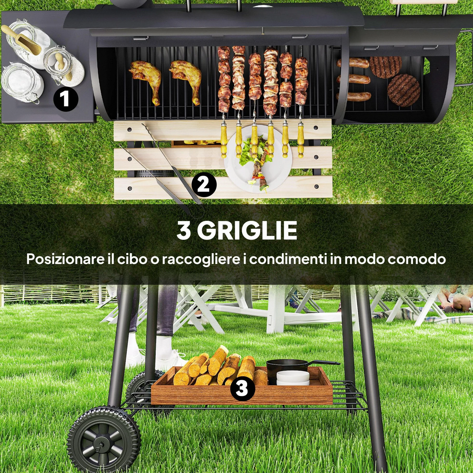 Outsunny Barbecue a Carbone con Coperchio e Affumicatore, BBQ da Giardino 124x53x104 cm Nero