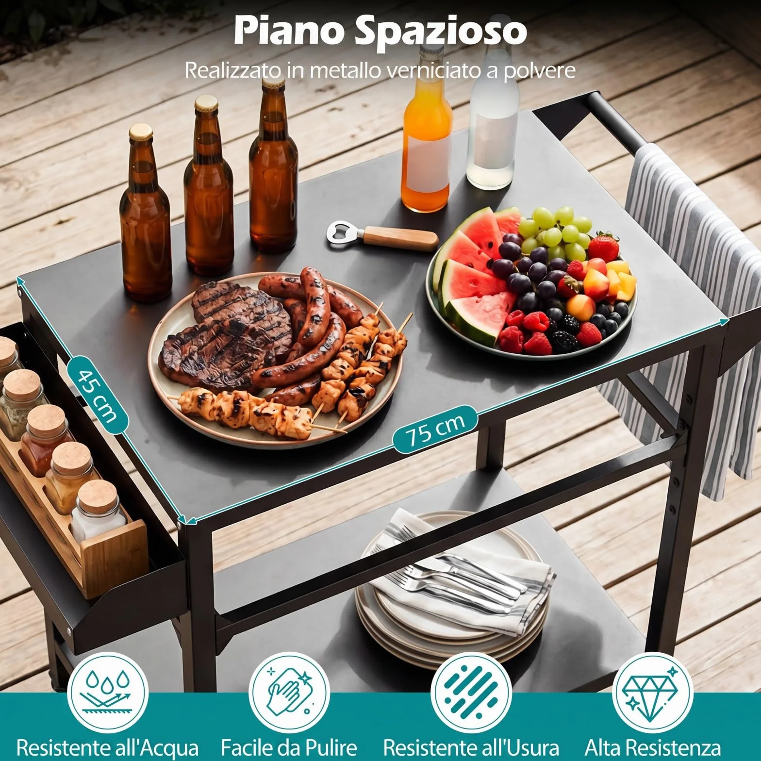 COSTWAY Carrello per Barbecue 4 Ruote, Carrello Cucina da Esterno BBQ Metallo 100x80x45 cm