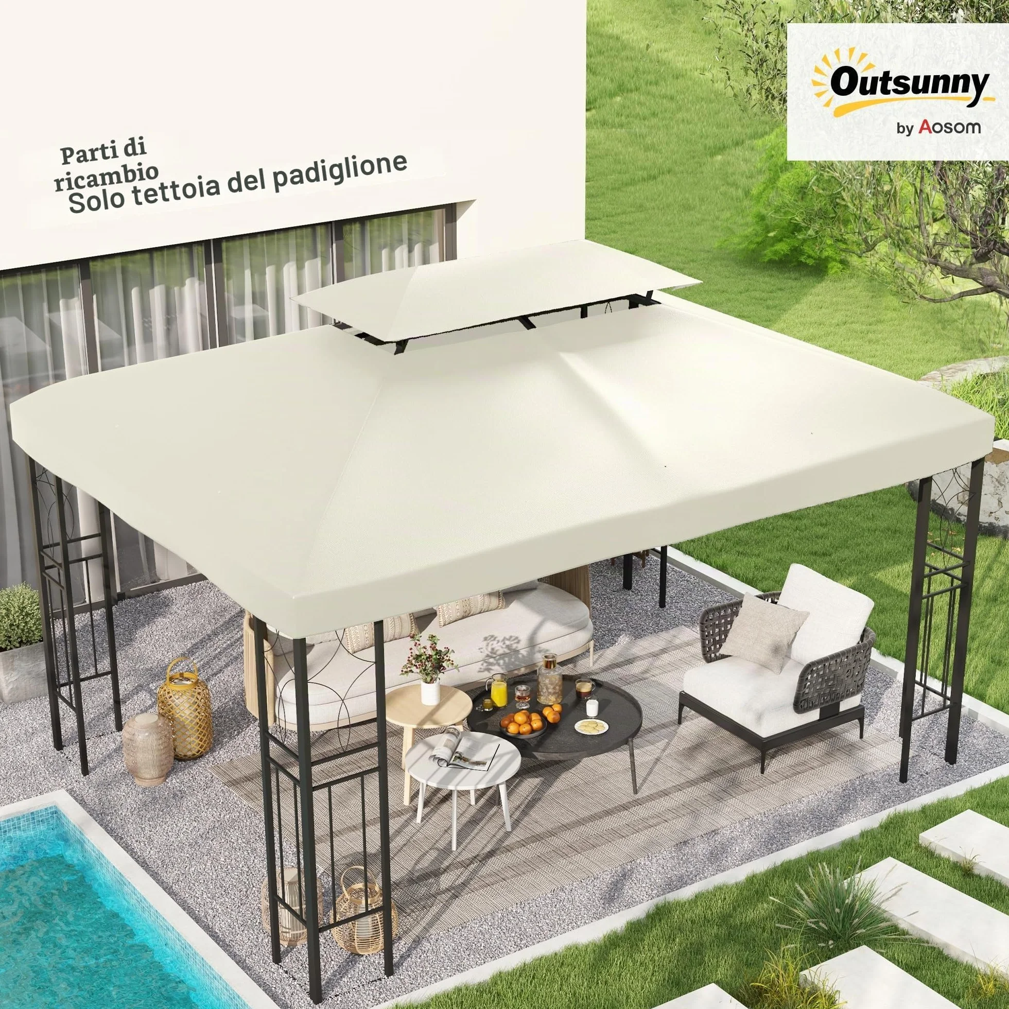 Outsunny Copertura per Gazebo da Giardino Tetto Sostitutivo Anti-UV Impermeabile 3x4m Beige