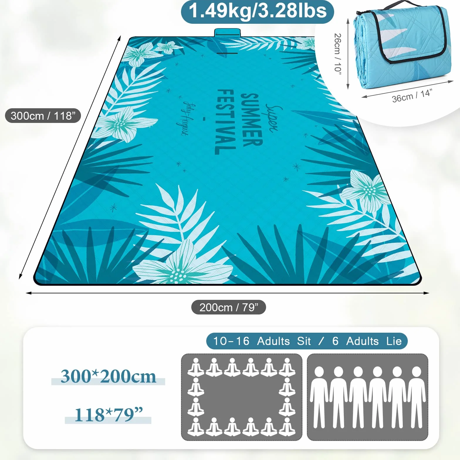 DEWUR Coperta da Picnic Impermeabile Lavabile Sandfrei XXL 300x200cm Blu