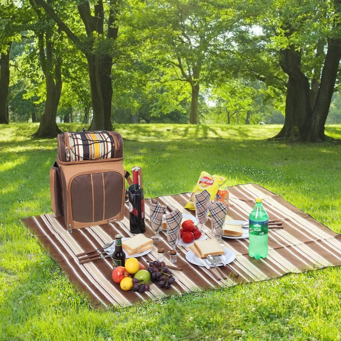 Zaino da picnic per 4 persone con scomparto refrigerante, portabottiglie staccabile, coperta in pile, set di piatti e posate