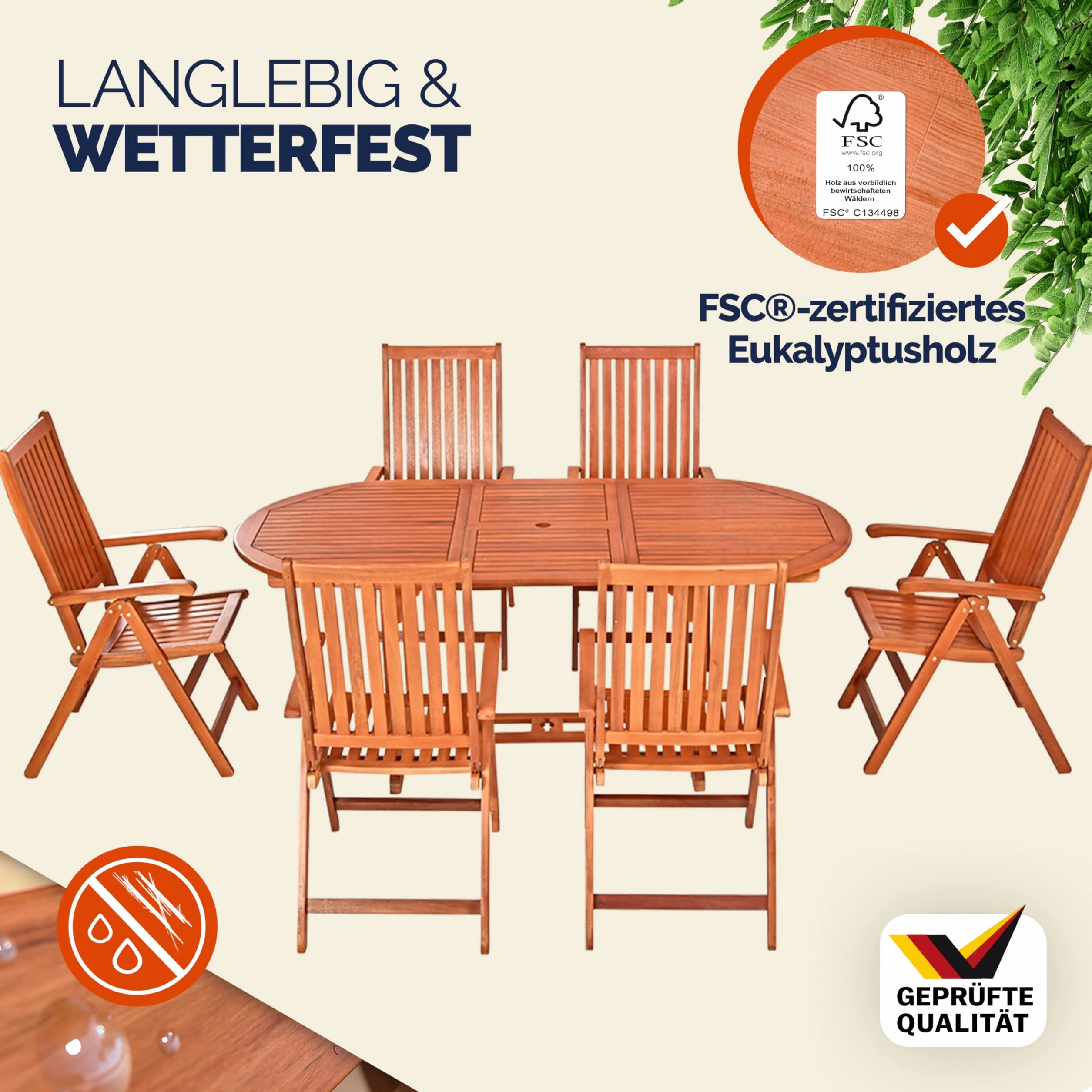 Casaria® Zestaw mebli ogrodowych z drewna eukaliptusowego 6 krzeseł składanych ze stołem FSC 7 części