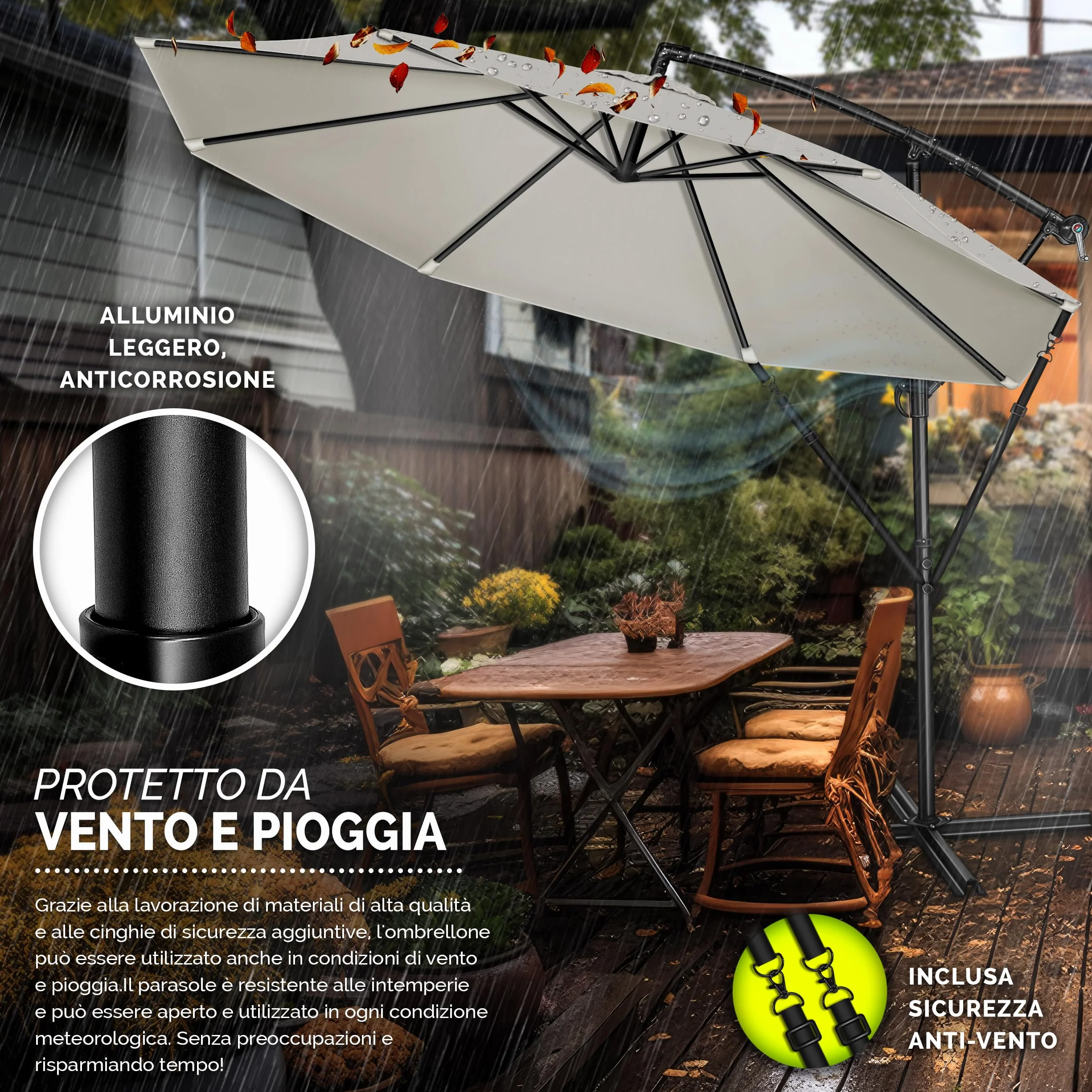 Tillvex Ombrellone da Giardino Ø 300 cm Alluminio Con Protezione UV Impermeabile Base Inclusa