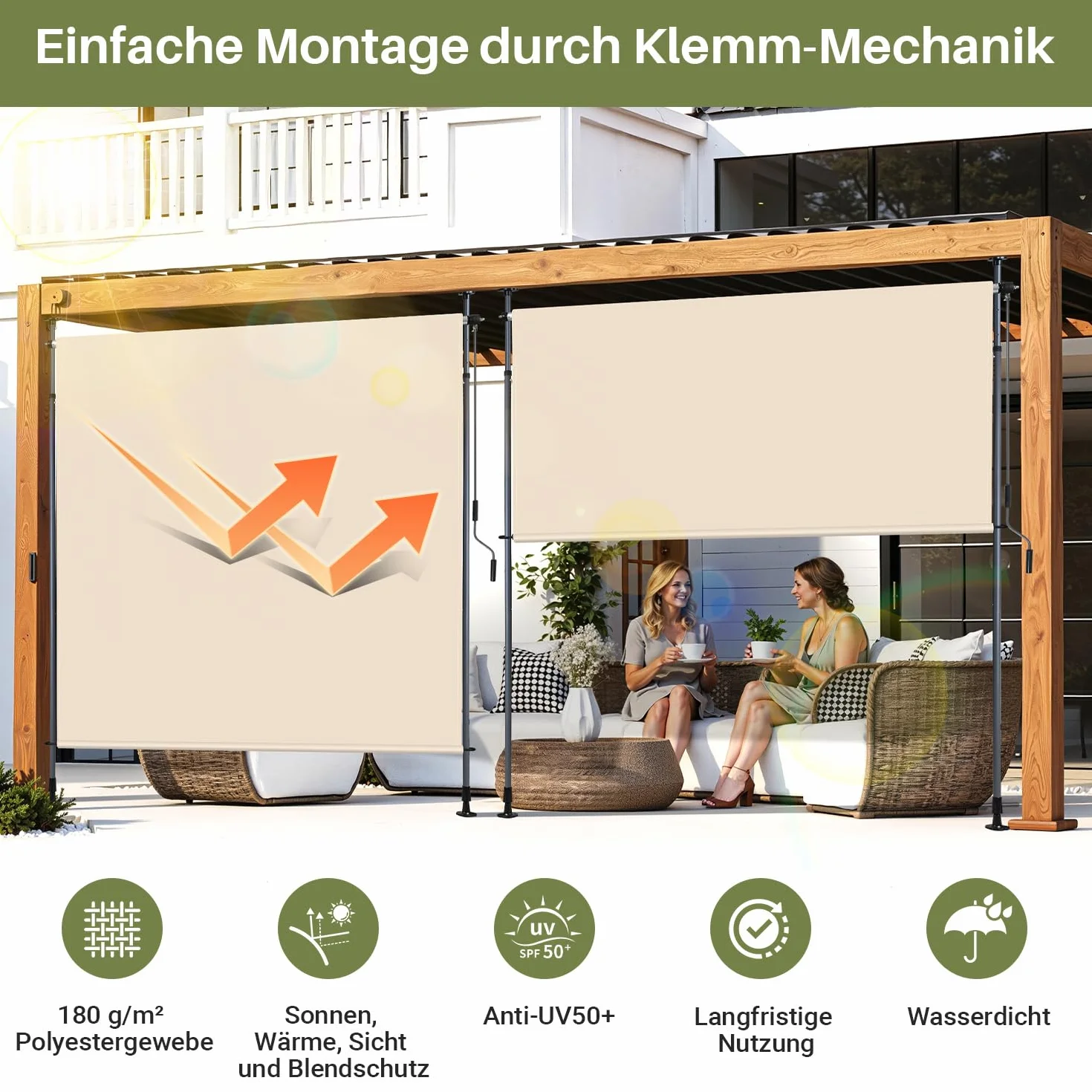 Tenda da sole verticale per esterni 200x270 cm allungabile con morsetto e manovella beige