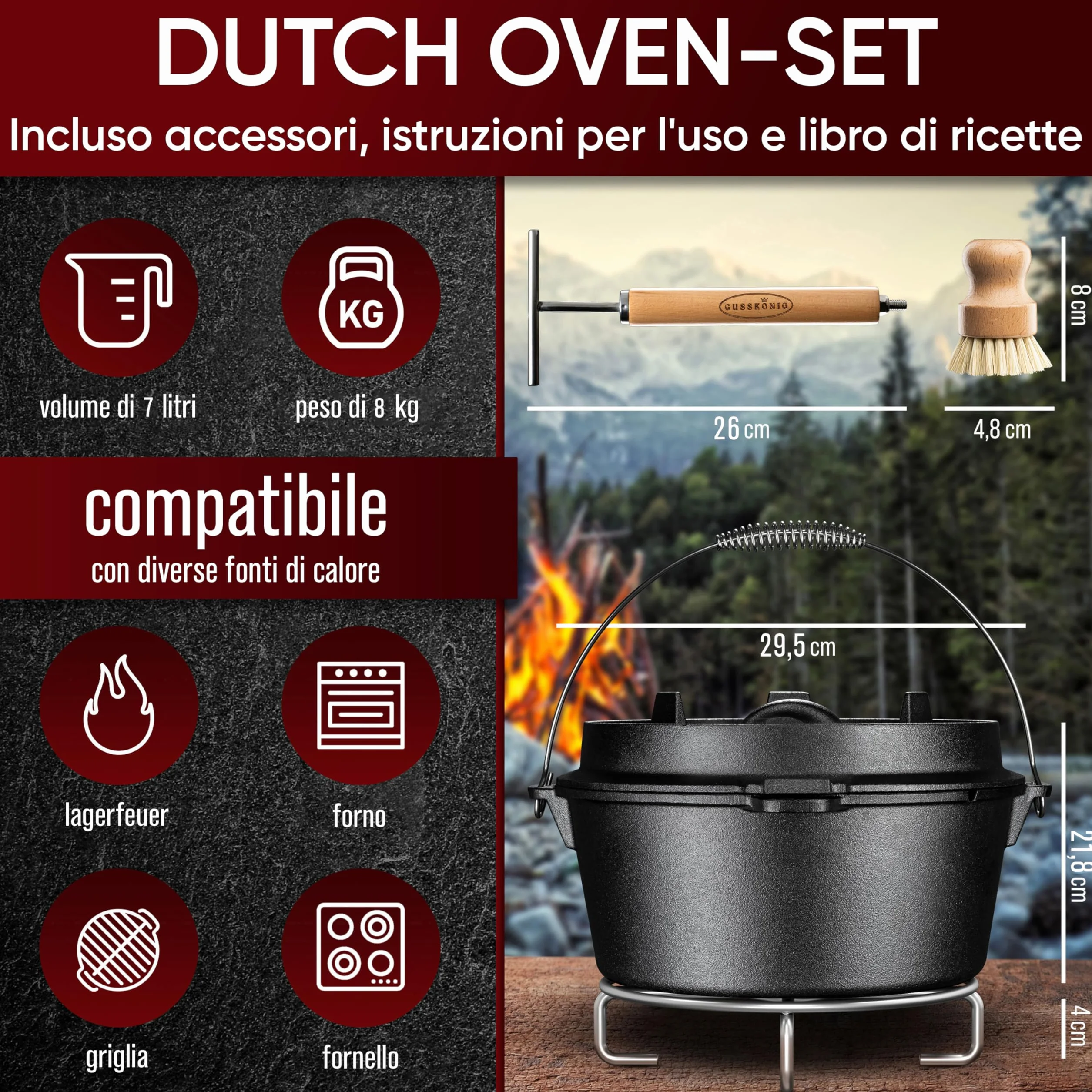 GUSSKÖNIG Set di pentole in ghisa con coperchio- 7 Litri-senza piedini -Teglia per il pane in ghisa-Incluso sollevatore del coperchio 2in1,spazzola e ricettario per il forno olandese [per3-5 persone]