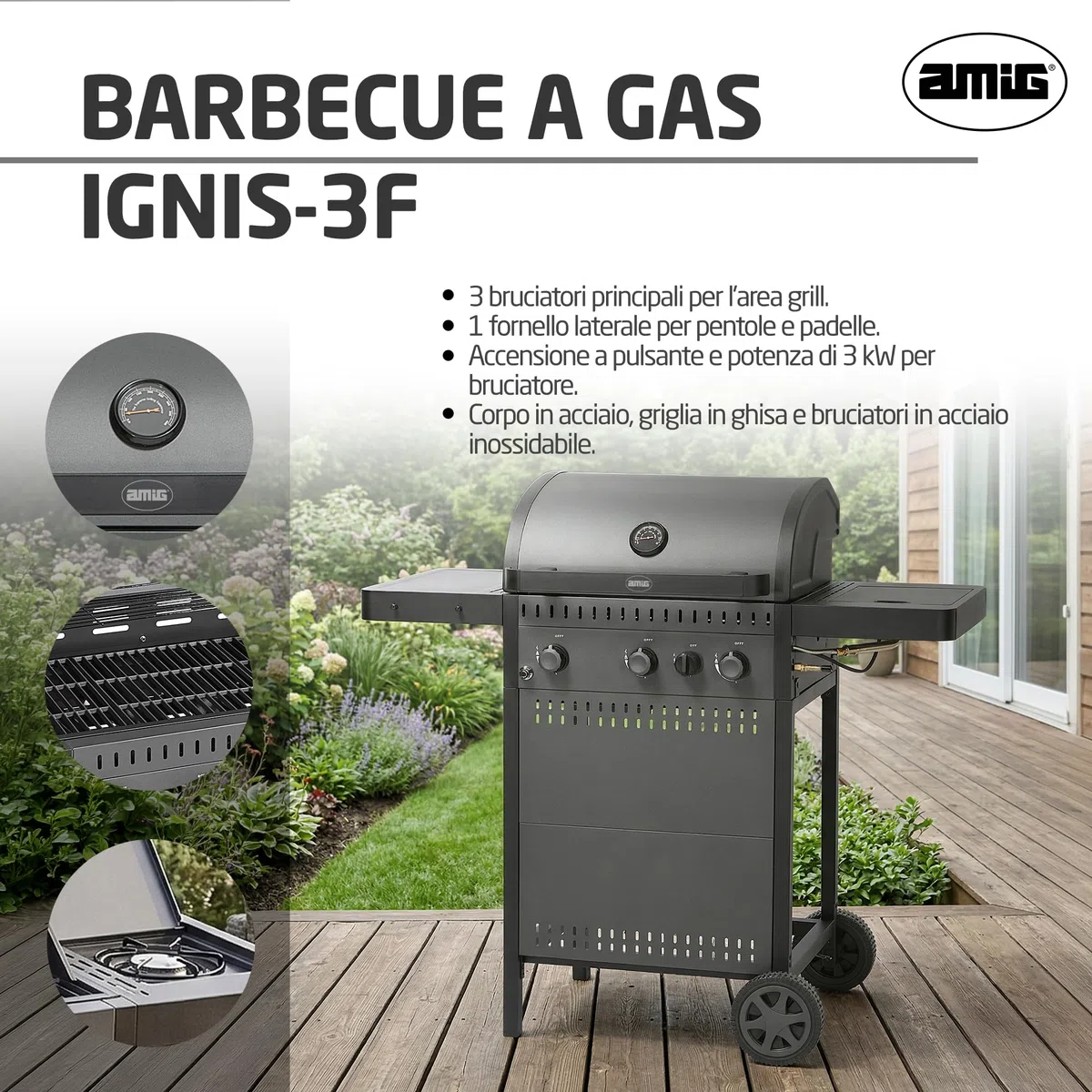 Amig Barbecue a gas IGNIS 3+1 117x55x110 cm Superficie cottura 54x38 cm Griglia ghisa Nero