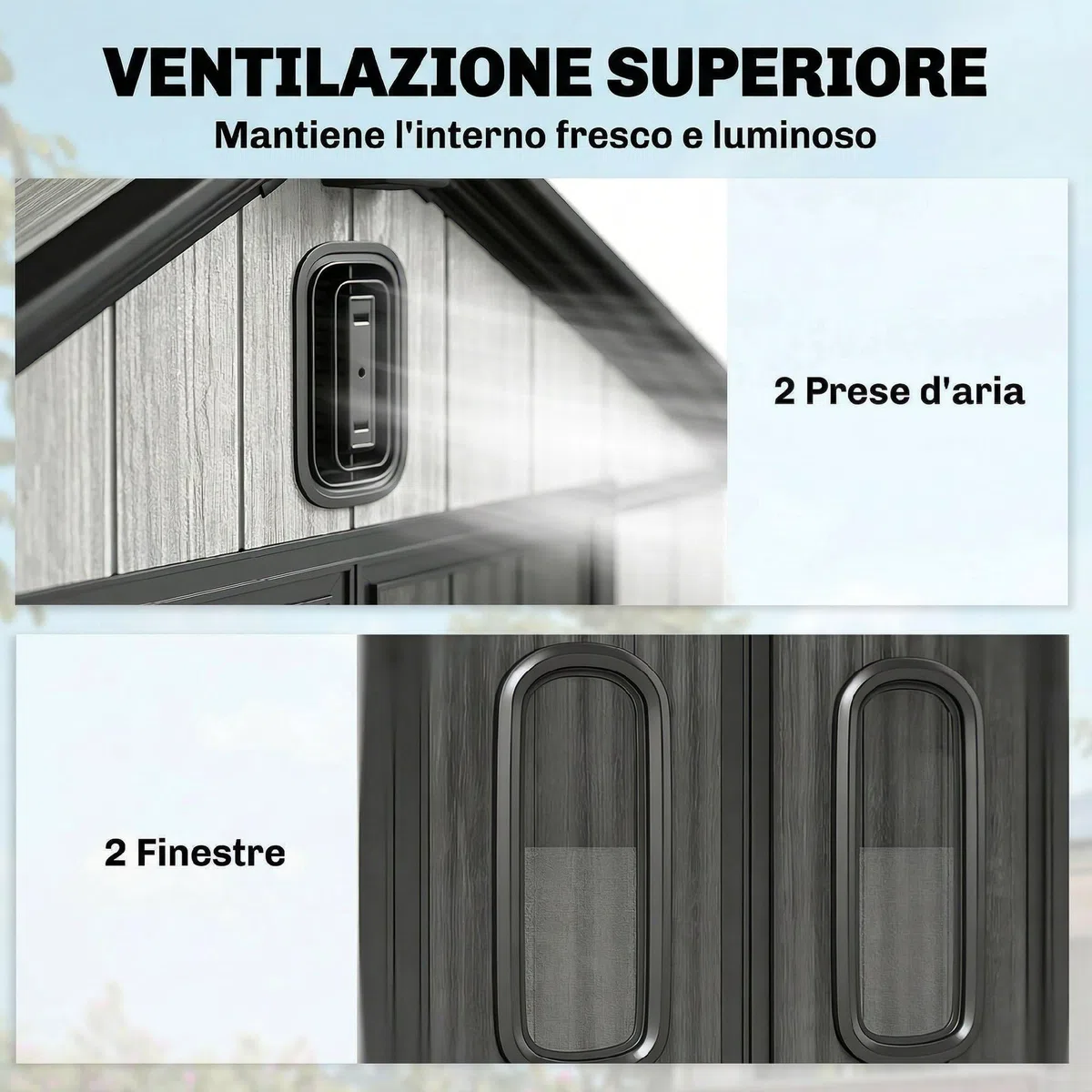 Outsunny Casetta da Giardino 1.3m² in Plastica con Pavimento, Telaio Metallo, Capanno da Giardino Porta Attrezzi con Prese d'Aria, 2 Finestre, Doppia Porta Bloccabile, Tetto Inclinato, Grigio