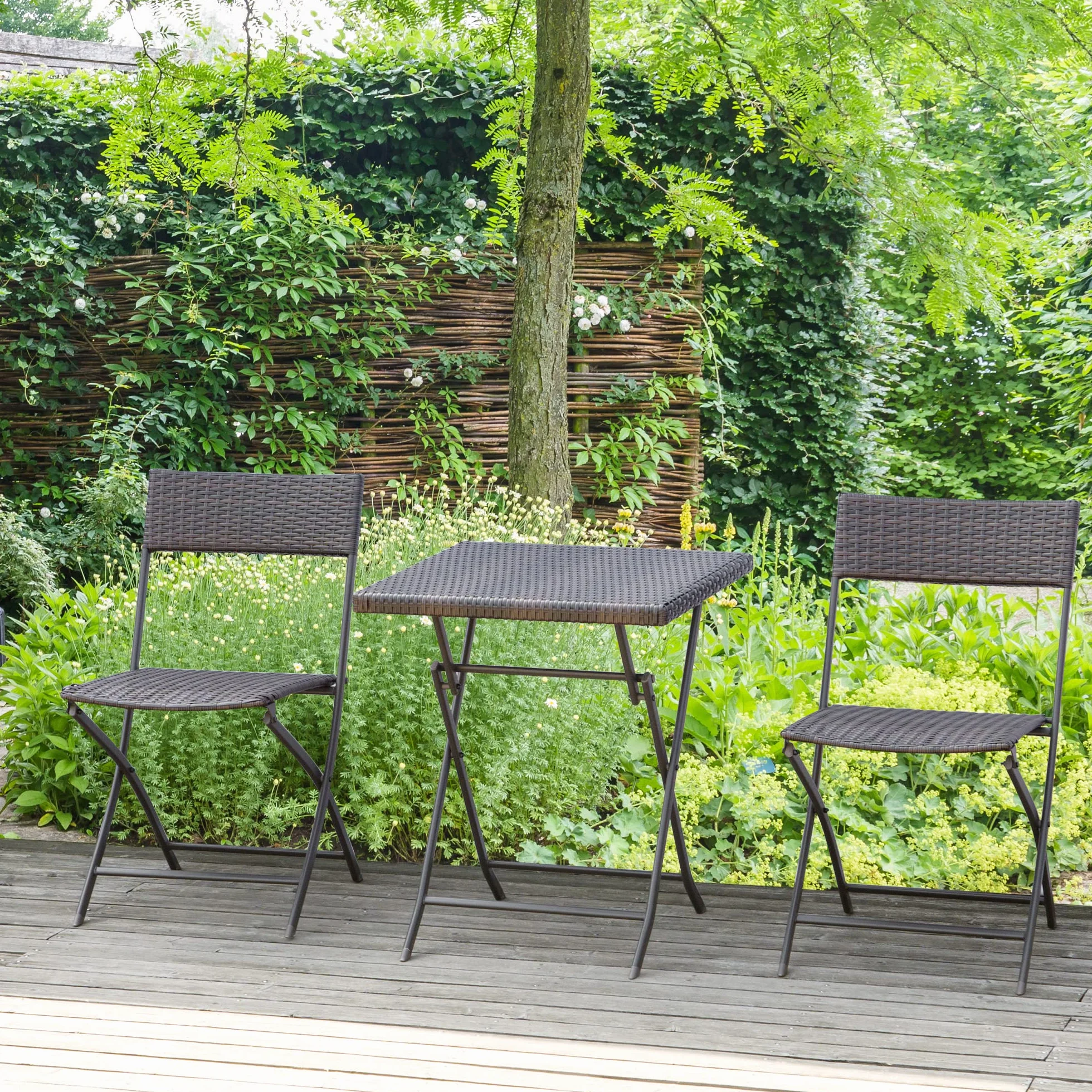 Outsunny Set da Giardino Pieghevole 3 Pezzi Rattan PE Metallo, 2 Sedie e Tavolino da Caffè, Protezione UV, Nero