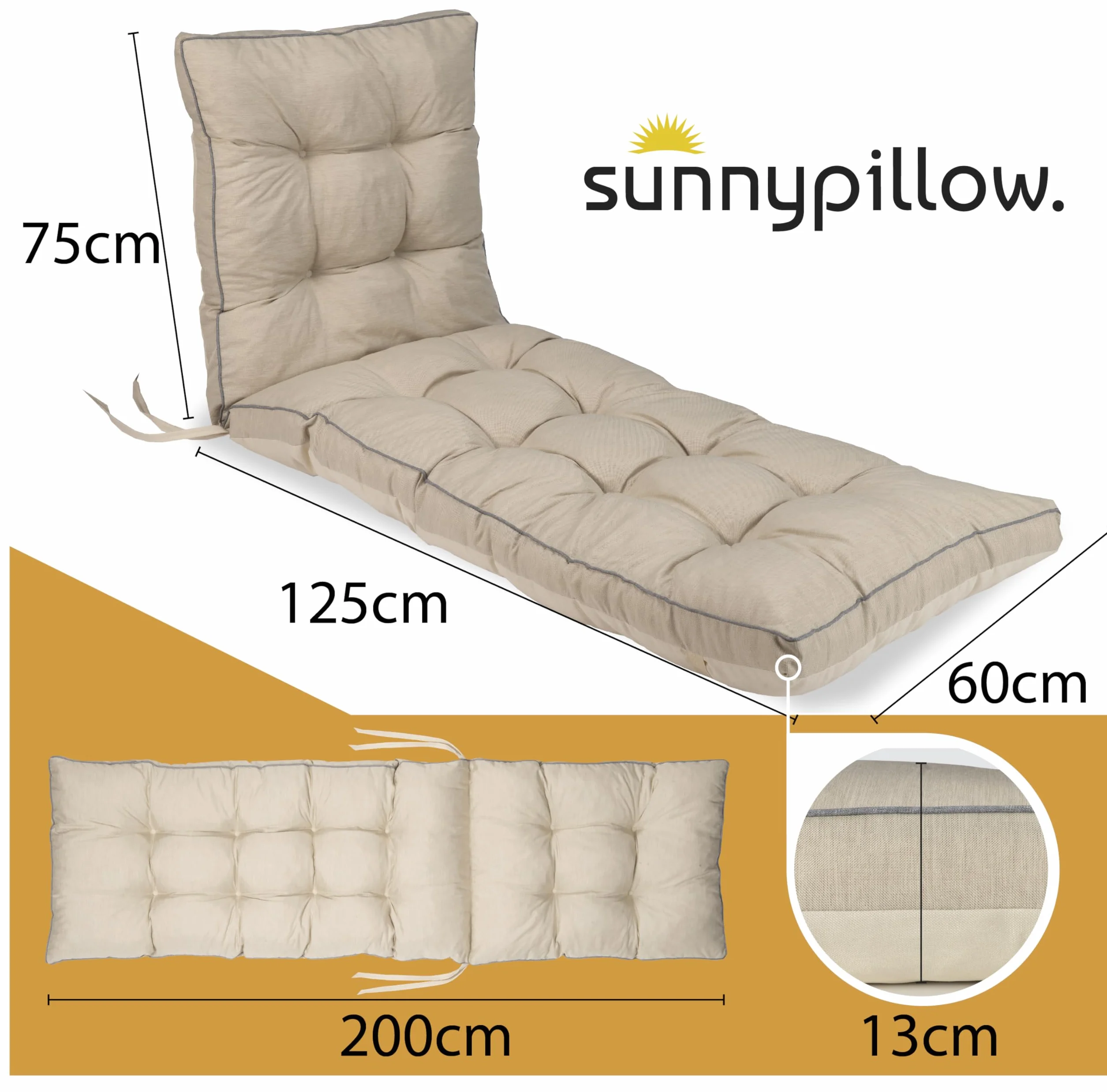 sunnypillow Cuscino per Lettino 200 × 60 – Materassino per Sdraio da Giardino, Spesso 13 cm – Outdoor, Impermeabile, Resistente ai Raggi UV – Cuscino per Lettino Prendisole e Sedia a Sdraio – Cremoso