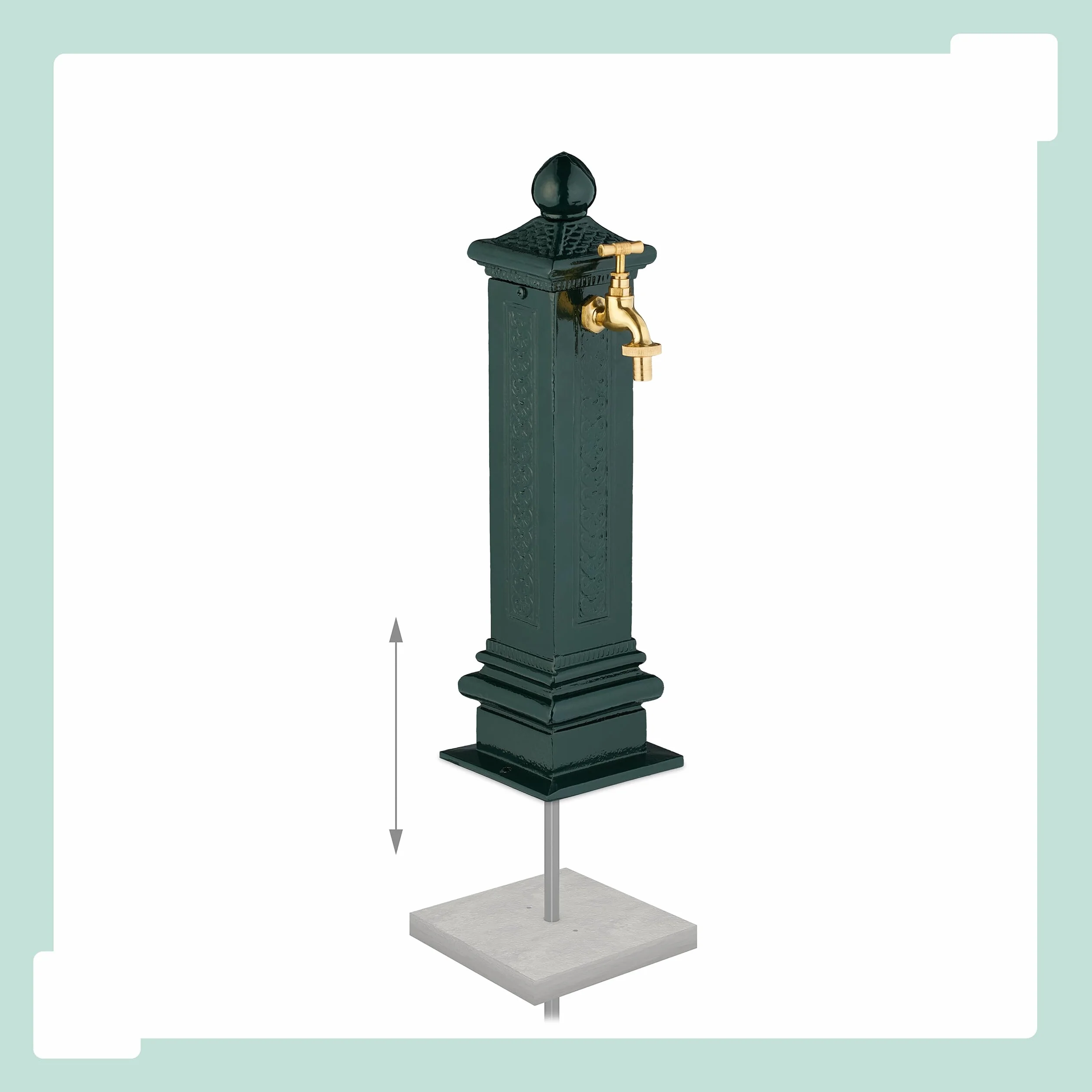 Relaxdays Fontana da Giardino in Stile Antico, Fontanella a Colonna con Rubinetto Acqua, HLP: 47x14x18,5 cm, Verde Scuro
