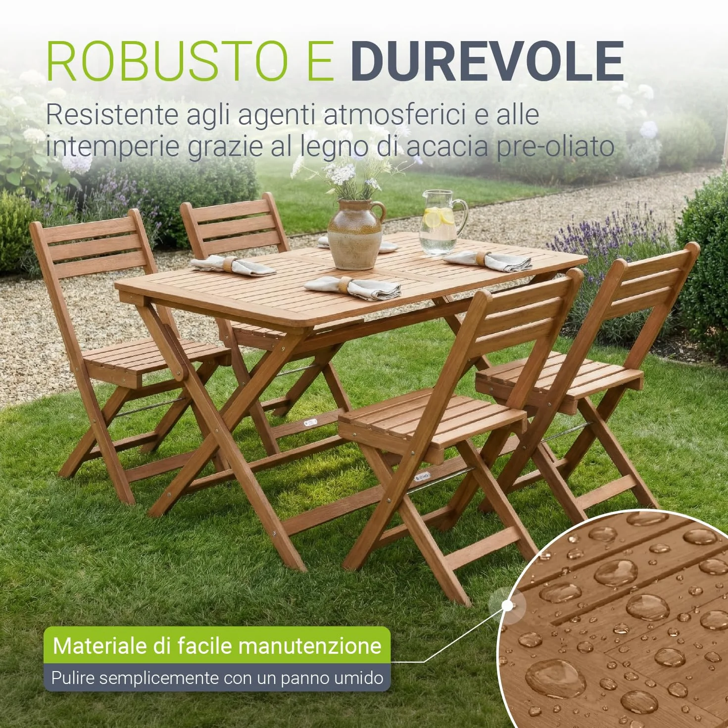 Juskys Gruppo pranzo Rimini acacia 5 pezzi sedute pieghevoli terrazza balcone