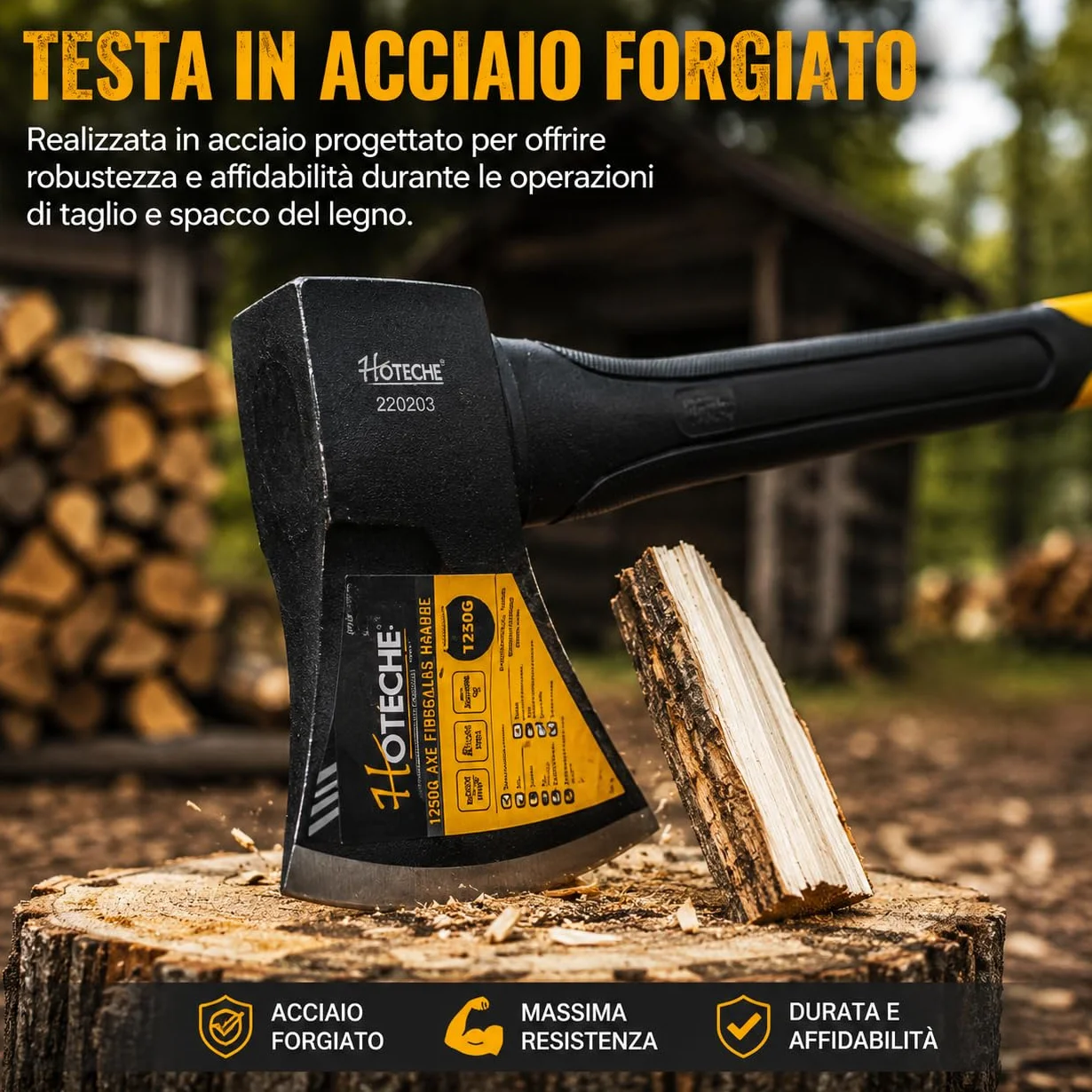 Mazza Accetta Spaccalegna 1250 g Manico 80 cm ABS Antiscivolo Ascia Legna Acciaio Forgiato Lama Temperata 13 cm