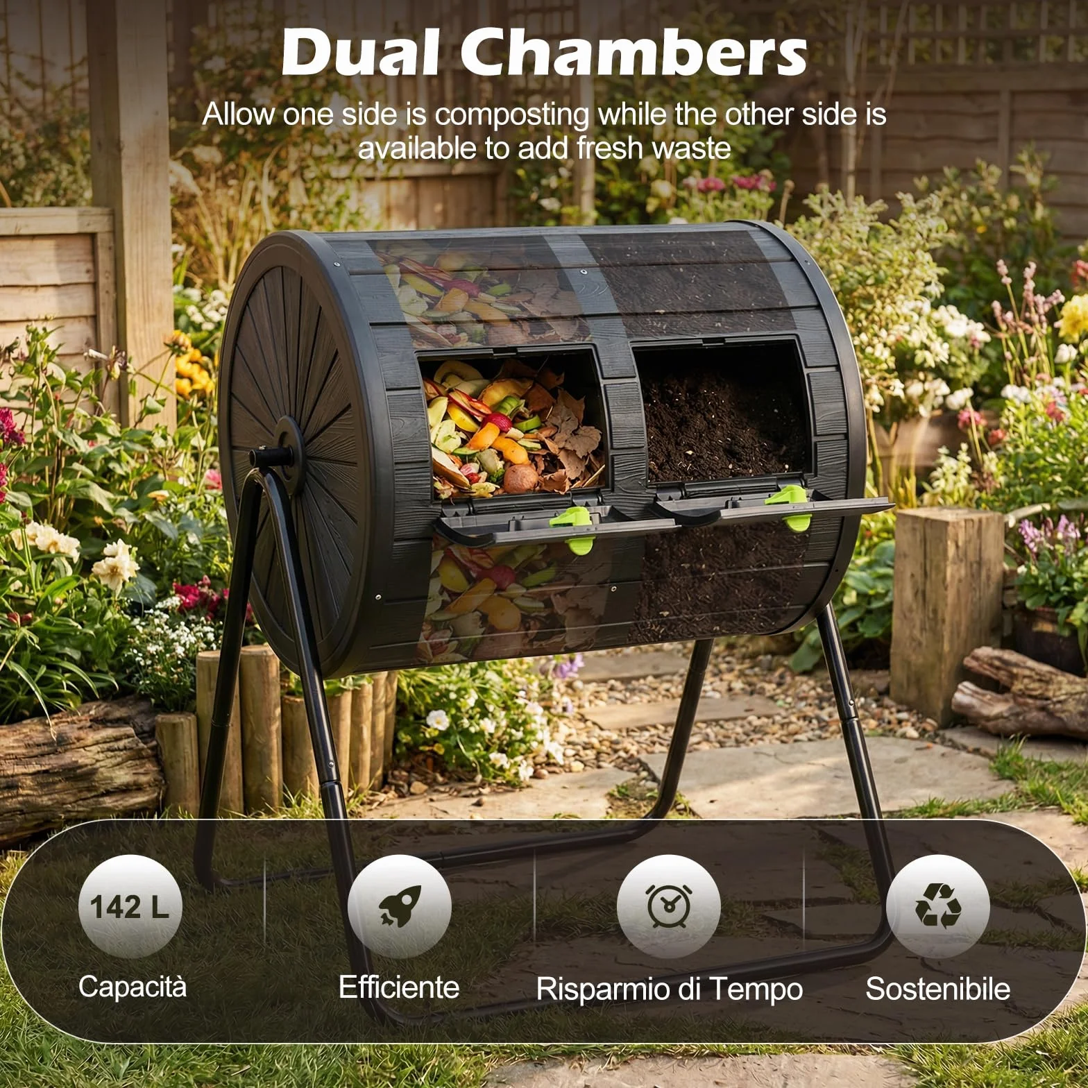 COSTWAY Compostiera da Giardino 142 L Doppia Camera Rotazione 360° Nero