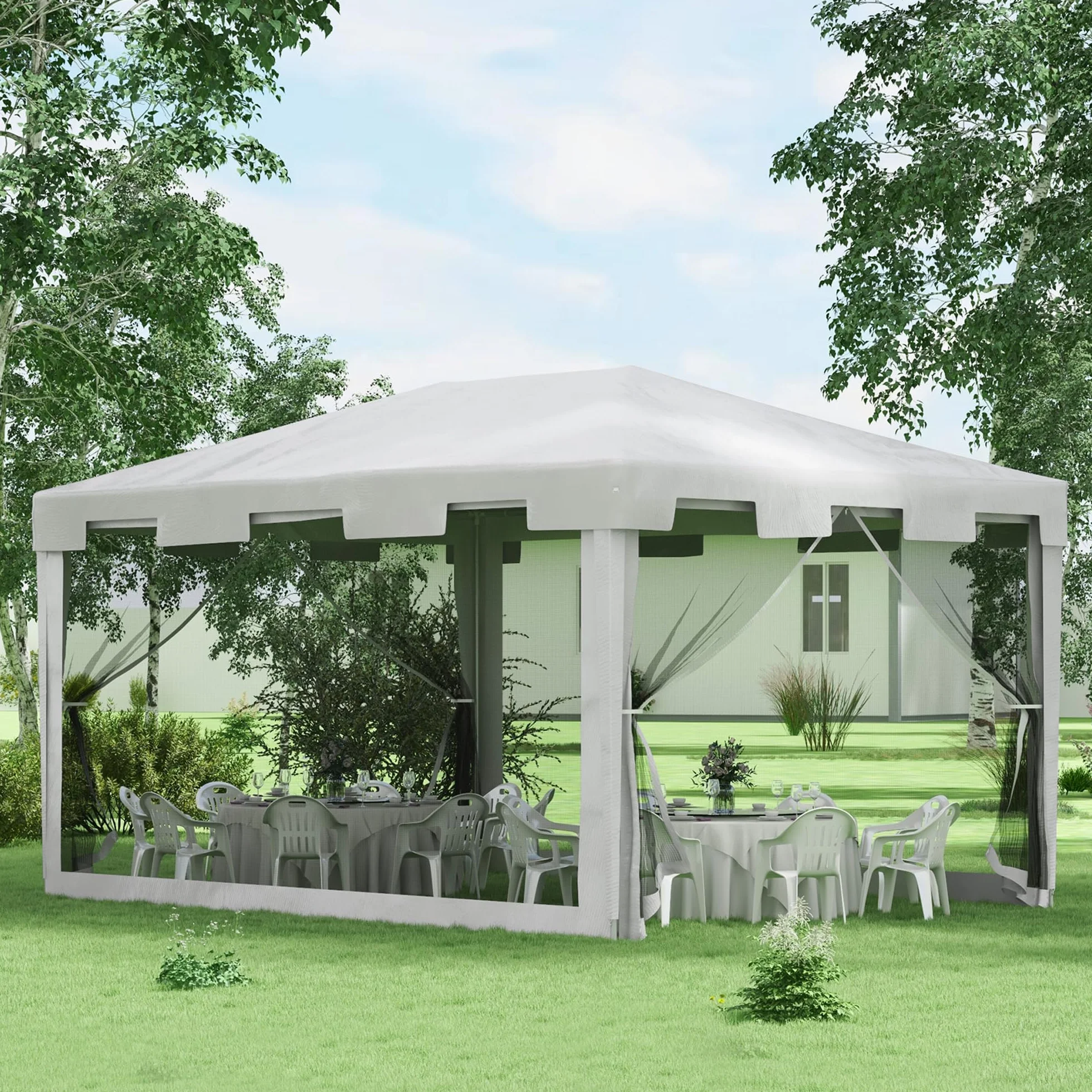 Outsunny Gazebo 4x3 m con Zanzariera e 2 Ingressi, Gazebo da Giardino in Metallo e PE, Bianco e Nero