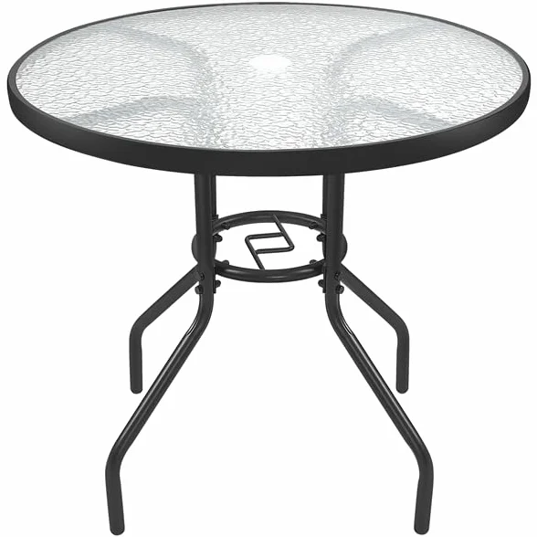 Yaheetech Tavolo da Giardino Rotondo in Vetro Diametro 70 cm con Foro Ombrellone Altezza 73 cm Nero