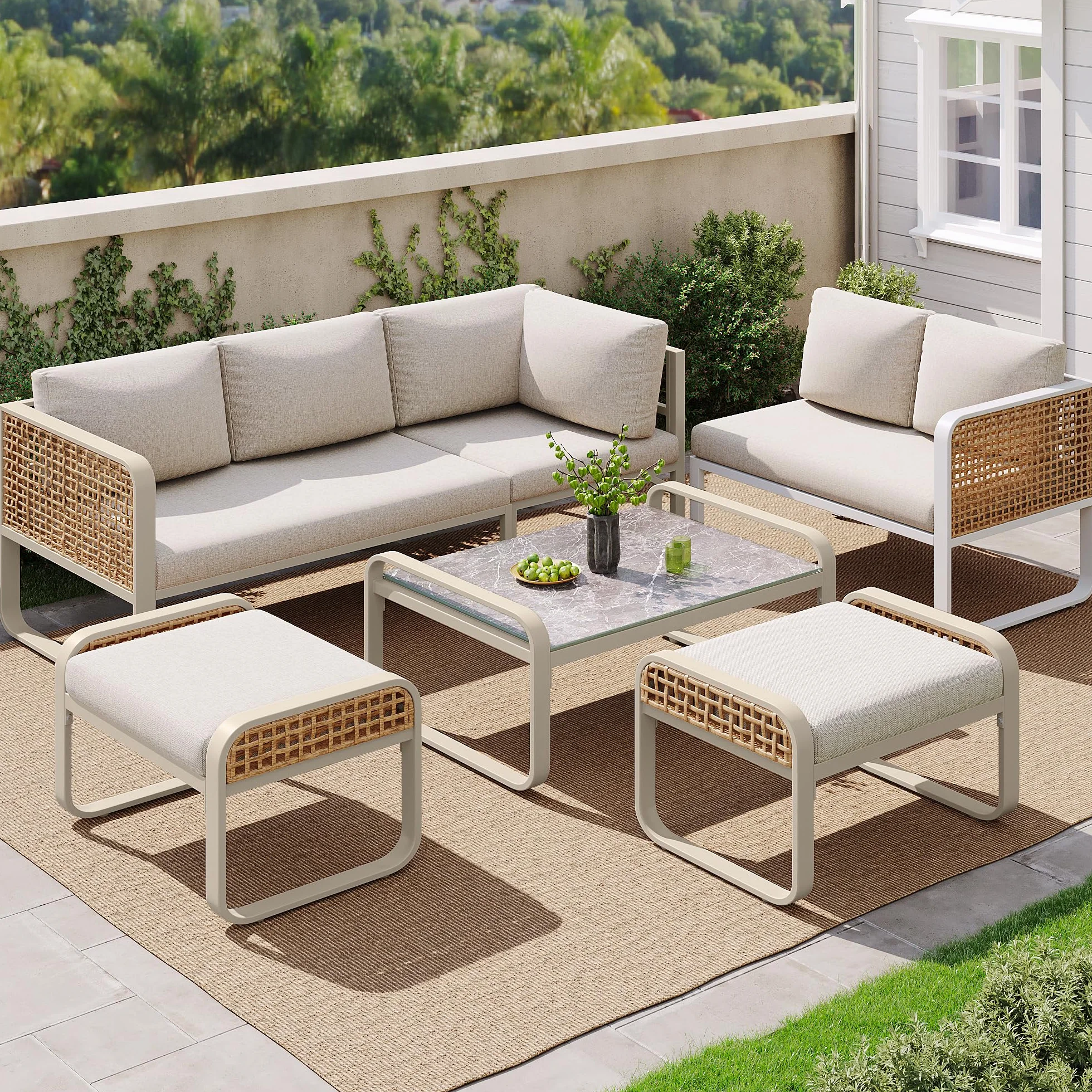 Set divano angolo rattan ferro zincato 120x61x69 cm beige per 6-7 persone