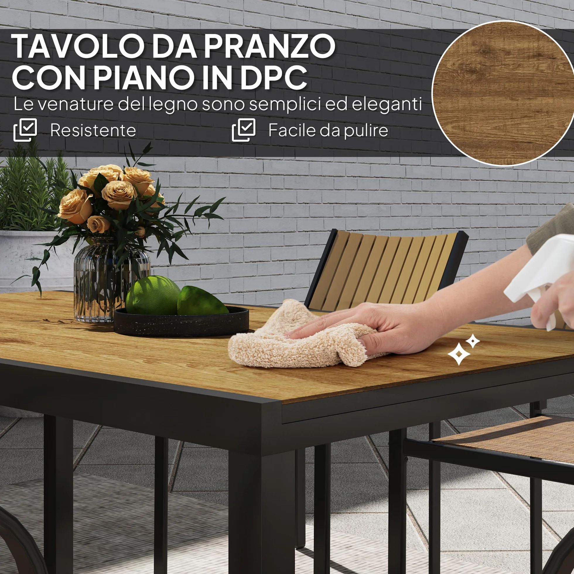 Outsunny Set Tavolo da Giardino Allungabile 7 Pezzi con Sedie Impilabili, Acciaio e Textilene, Marrone