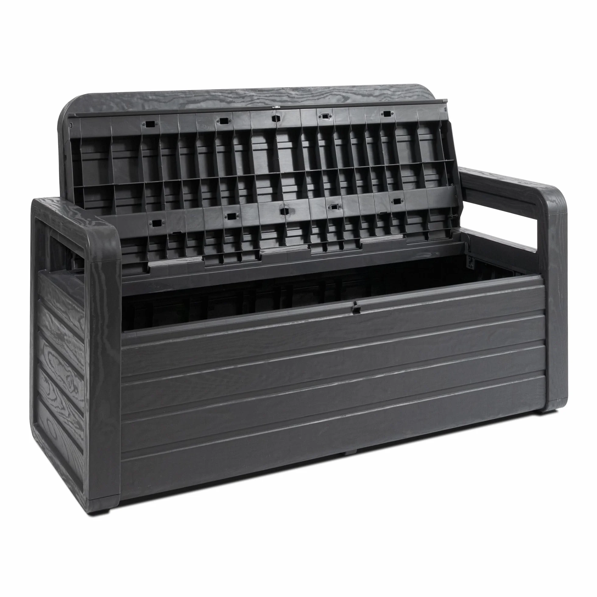 Toomax Foreverspring Cassapanca da 270 litri con seduta per 2 persone 132.5x58x89h cm panca da giardino effetto legno antracite plastica resistente ai raggi UV