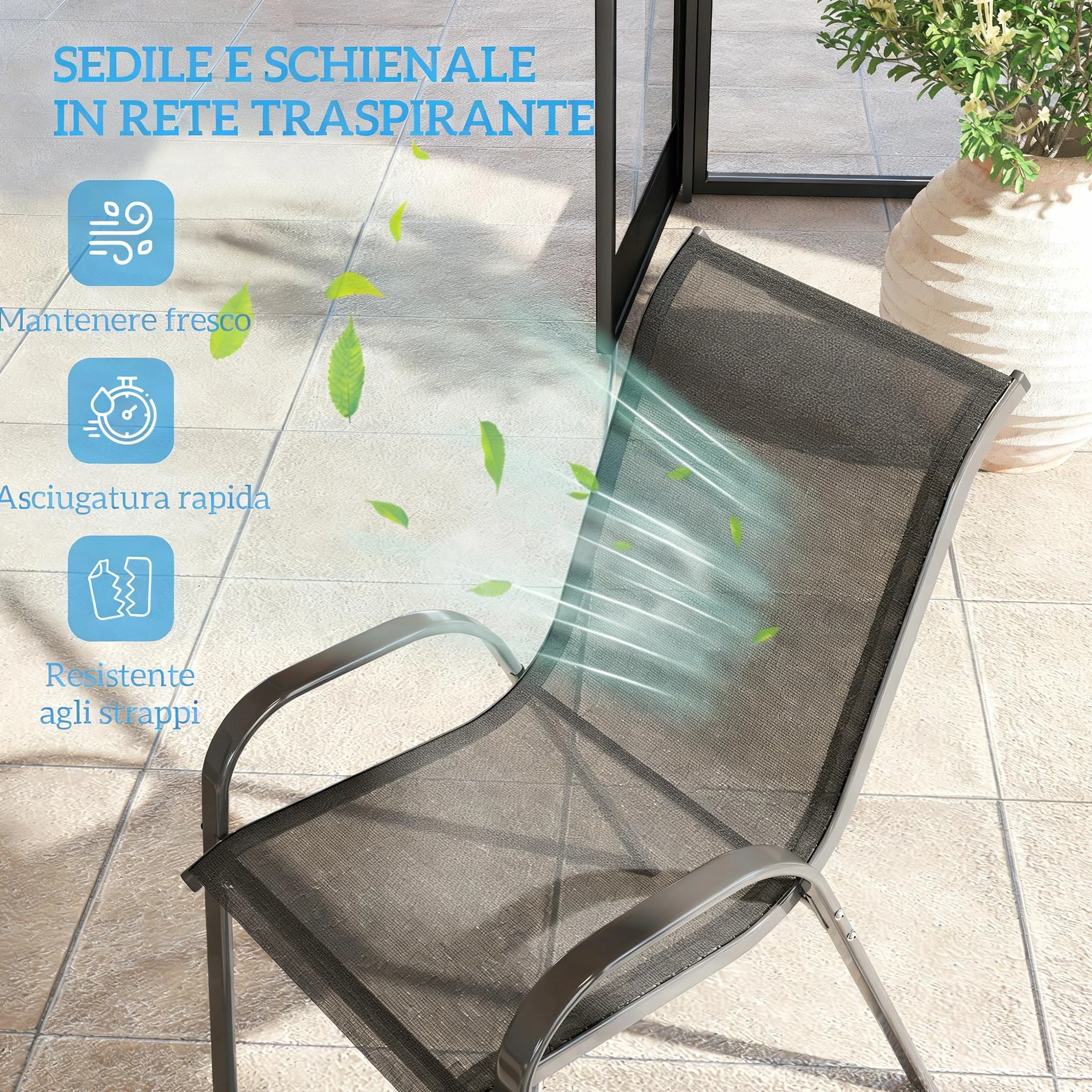 Outsunny Set 4 Sedie da Giardino Impilabili con Braccioli, Acciaio e Texteline, 54x71x93 cm Nero