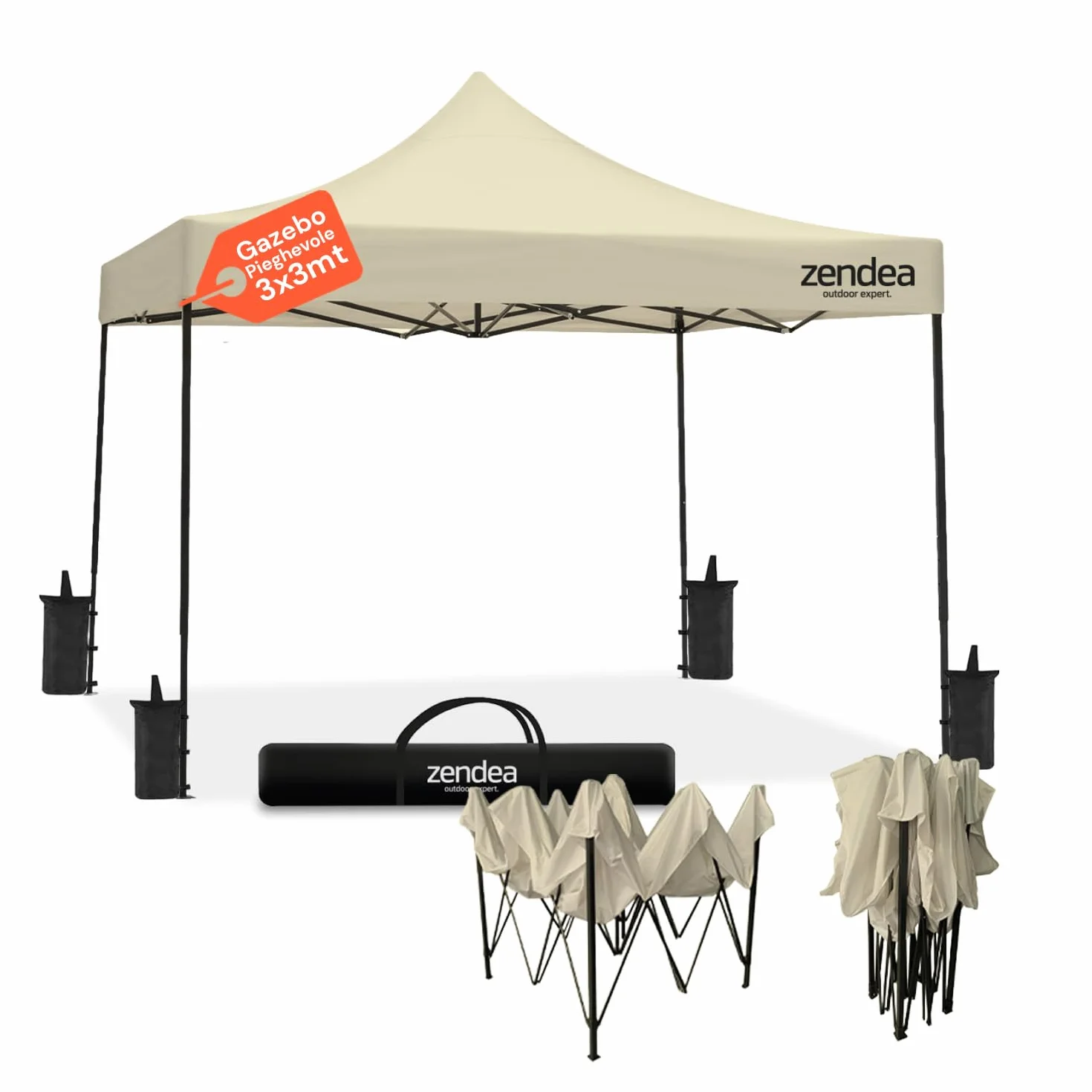 Gazebo Pieghevole Impermeabile 3x3 Beige Oxford 600D PVC Struttura Rinforzata per Giardino