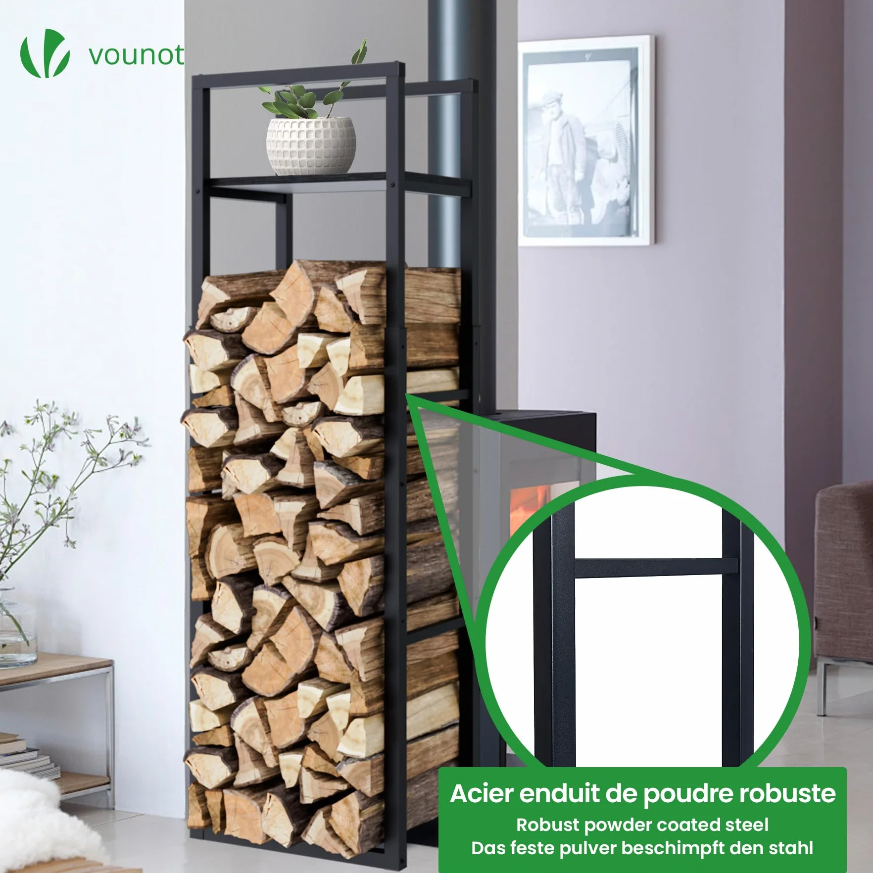 VOUNOT Legnaia in Metallo con Ripiano 45x32x120-170 cm Altezza Regolabile 3 Livelli Salvaspazio Interno Esterno Nero