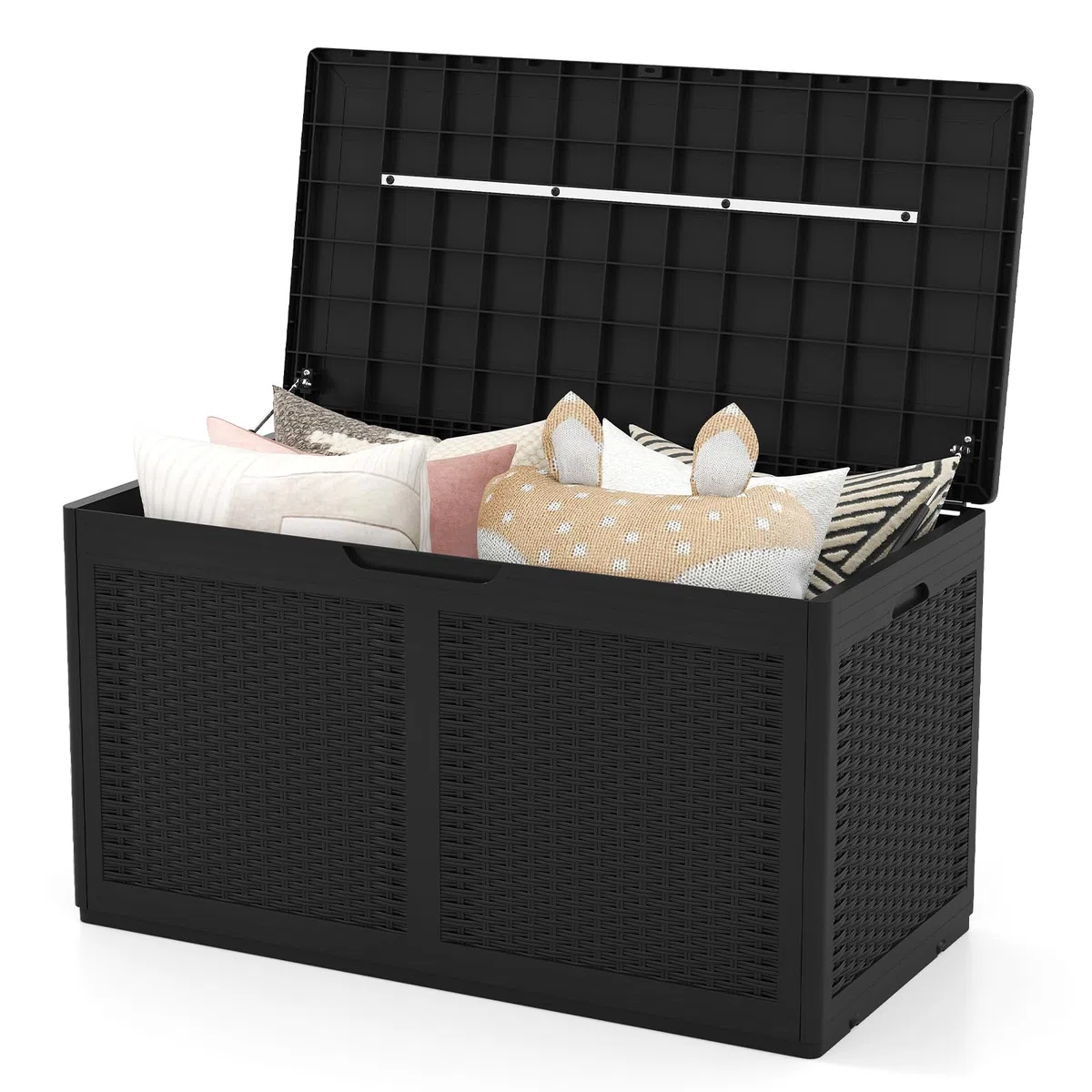 COSTWAY Baule da Esterno 380 L, Cassapanca Contenitore Impermeabile in Effetto Rattan con Coperchio Bloccabile e Ruote, Baule Salvaspazio per Mantenere Cuscini e Attrezzi da Interno e Esterno (Nero)