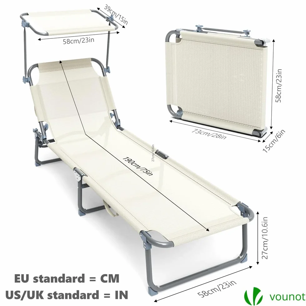 VOUNOT® Sdraio da Giardino Pieghevole, Set di 2 Lettini Prendisole con Tettuccio Parasole, Beige